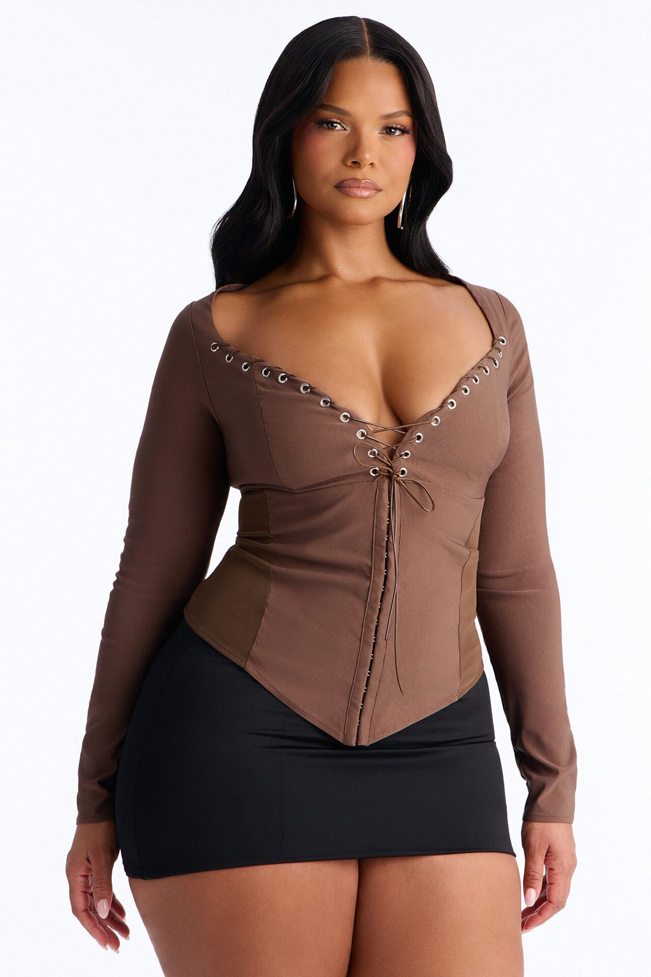 Janet Lace Up Corset Long Sleeve Top - Chocolate