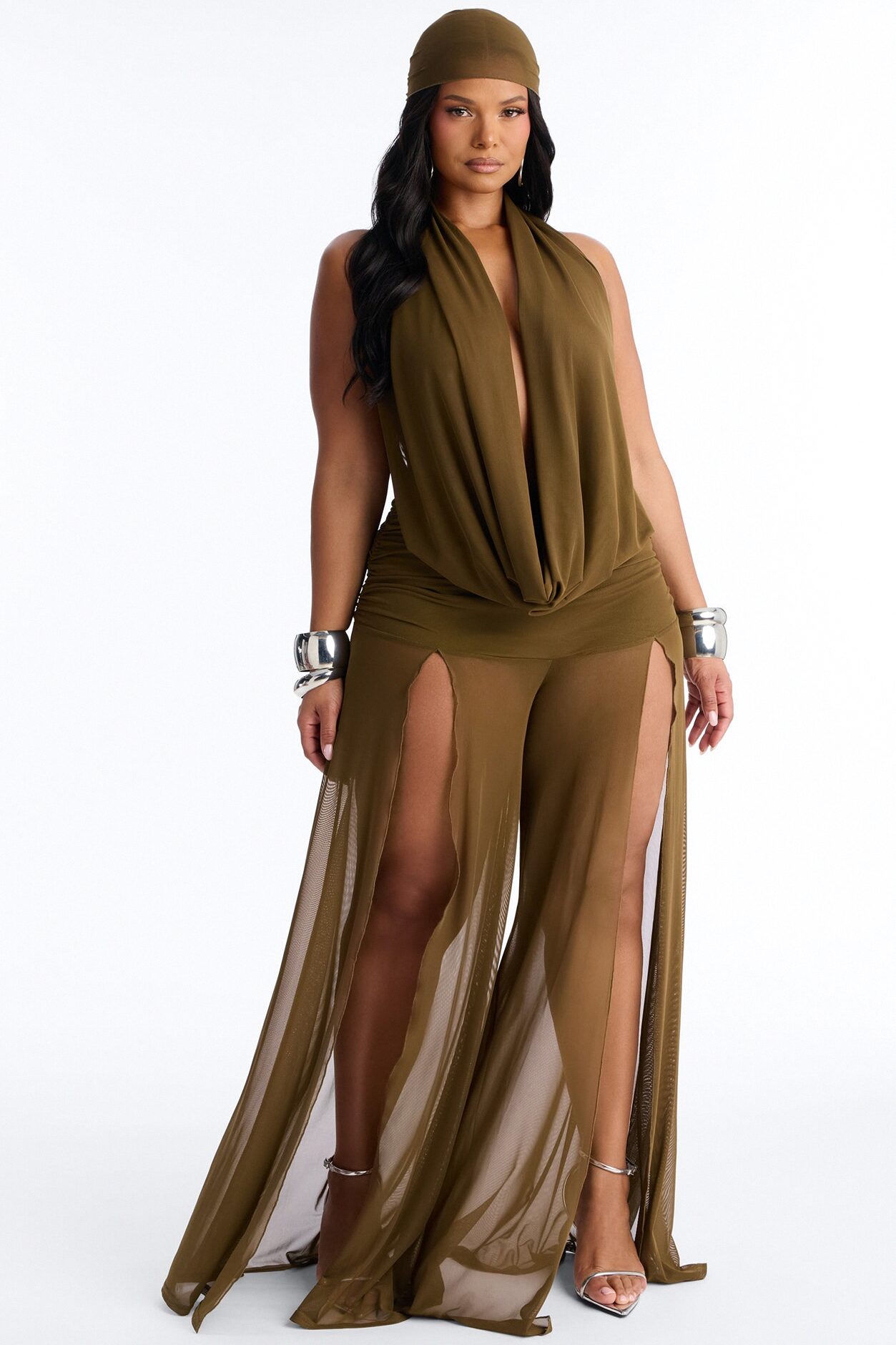 Tamara Backless Mesh Jumpsuit And Headscarf Set - Olive