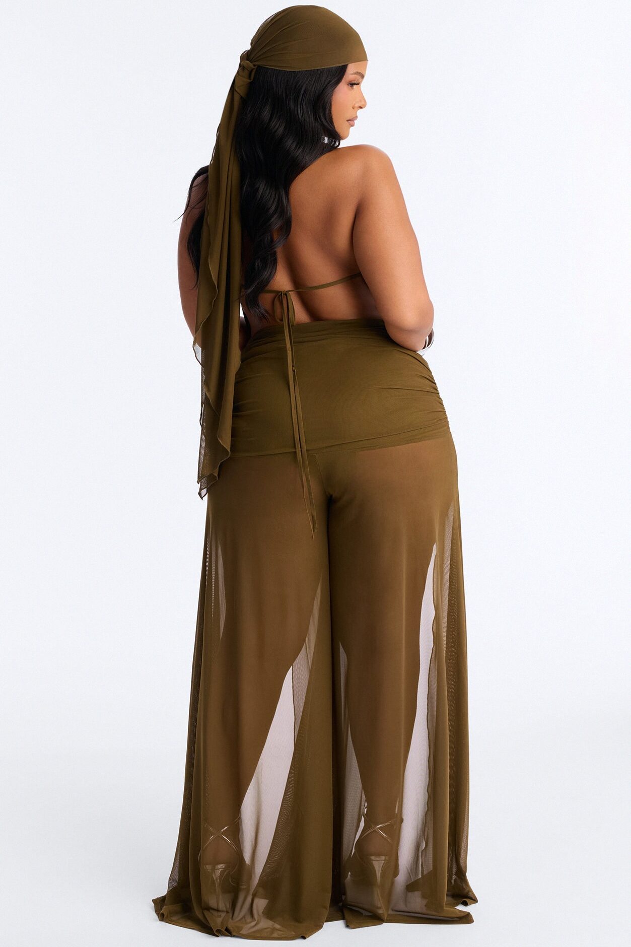 Tamara Backless Mesh Jumpsuit And Headscarf Set - Olive