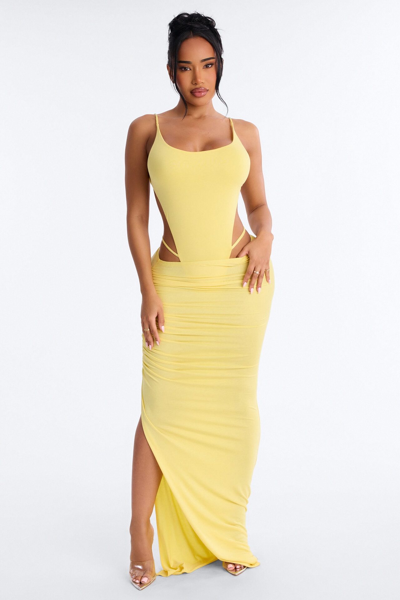 Kara Backless Bodysuit Maxi Skirt Set - Yellow