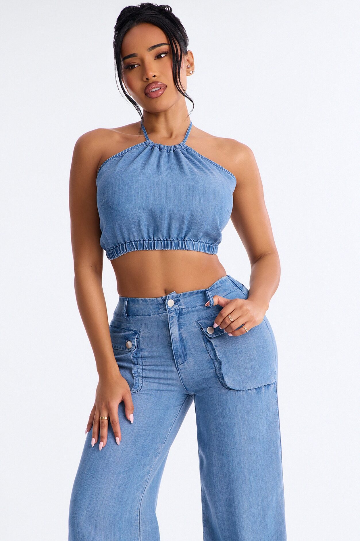 Renee Chambray Halter Pant Set - Blue
