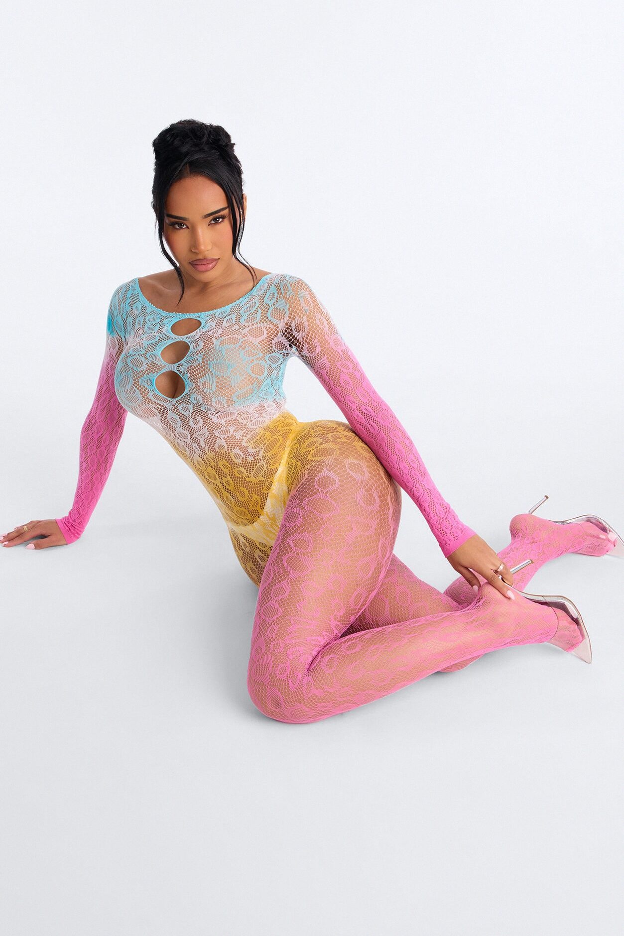 On Top Ombre Fishnet Jumpsuit Bodystocking - Pink/combo