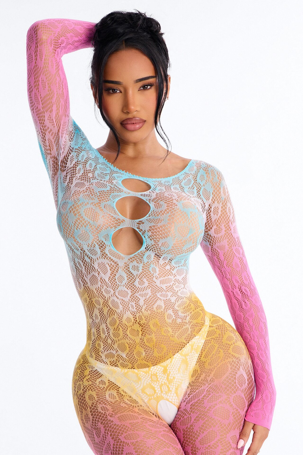 On Top Ombre Fishnet Jumpsuit Bodystocking - Pink/combo