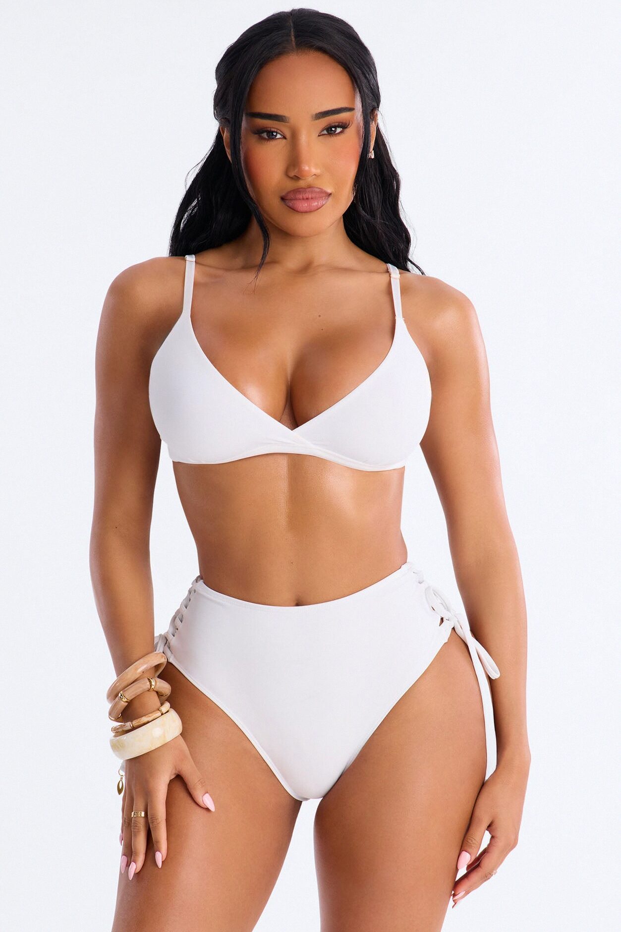 Tie Me Down Lace Up High Waist Bikini Bottom - White