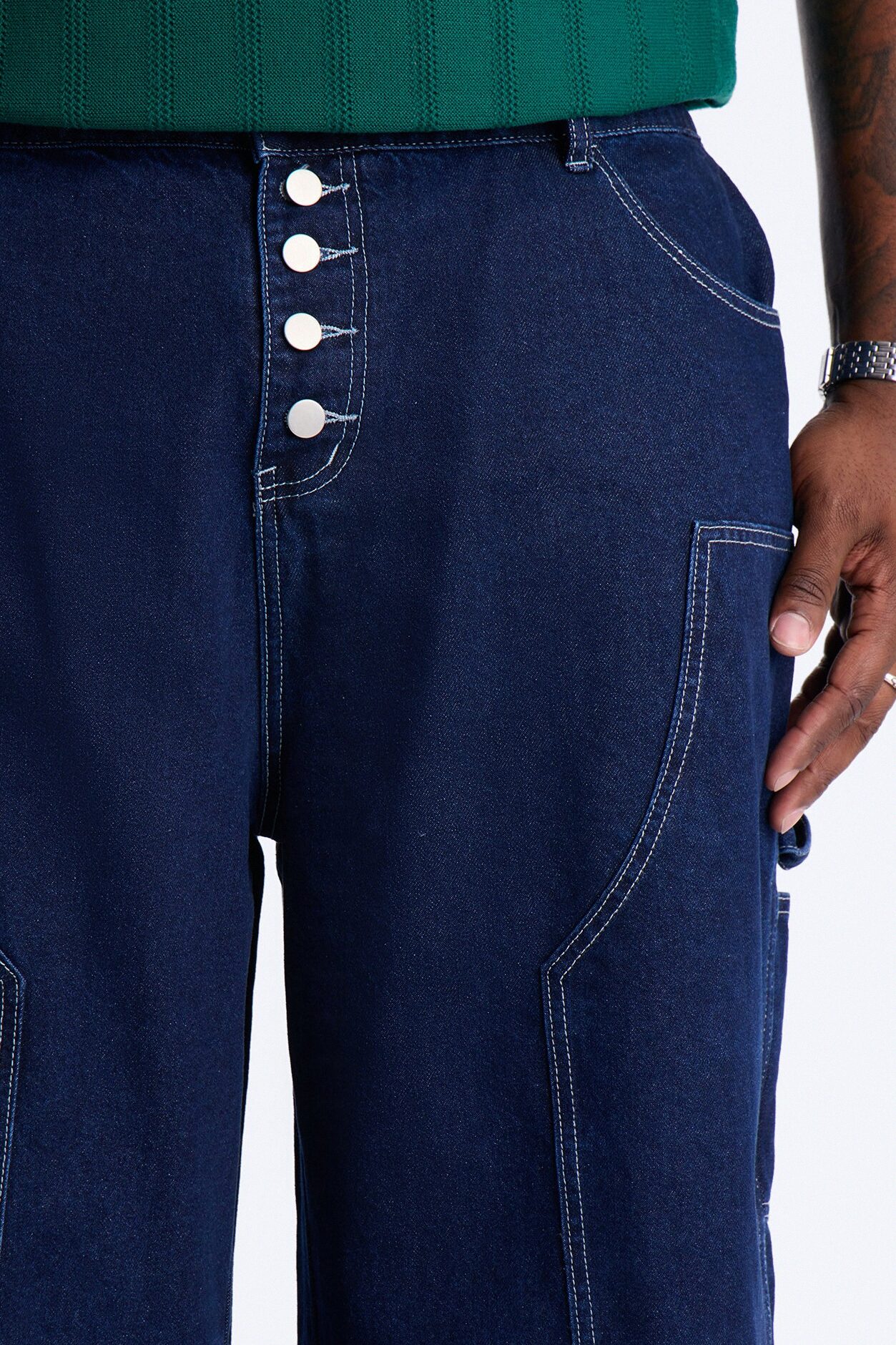 Super Baggy Button Drop Denim Shorts - Dark Wash