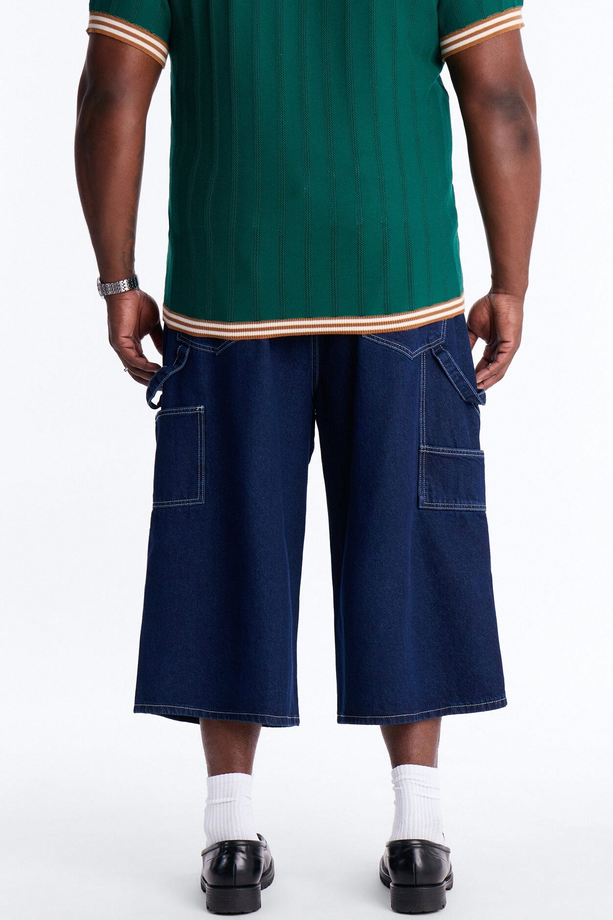 Super Baggy Button Drop Denim Shorts - Dark Wash