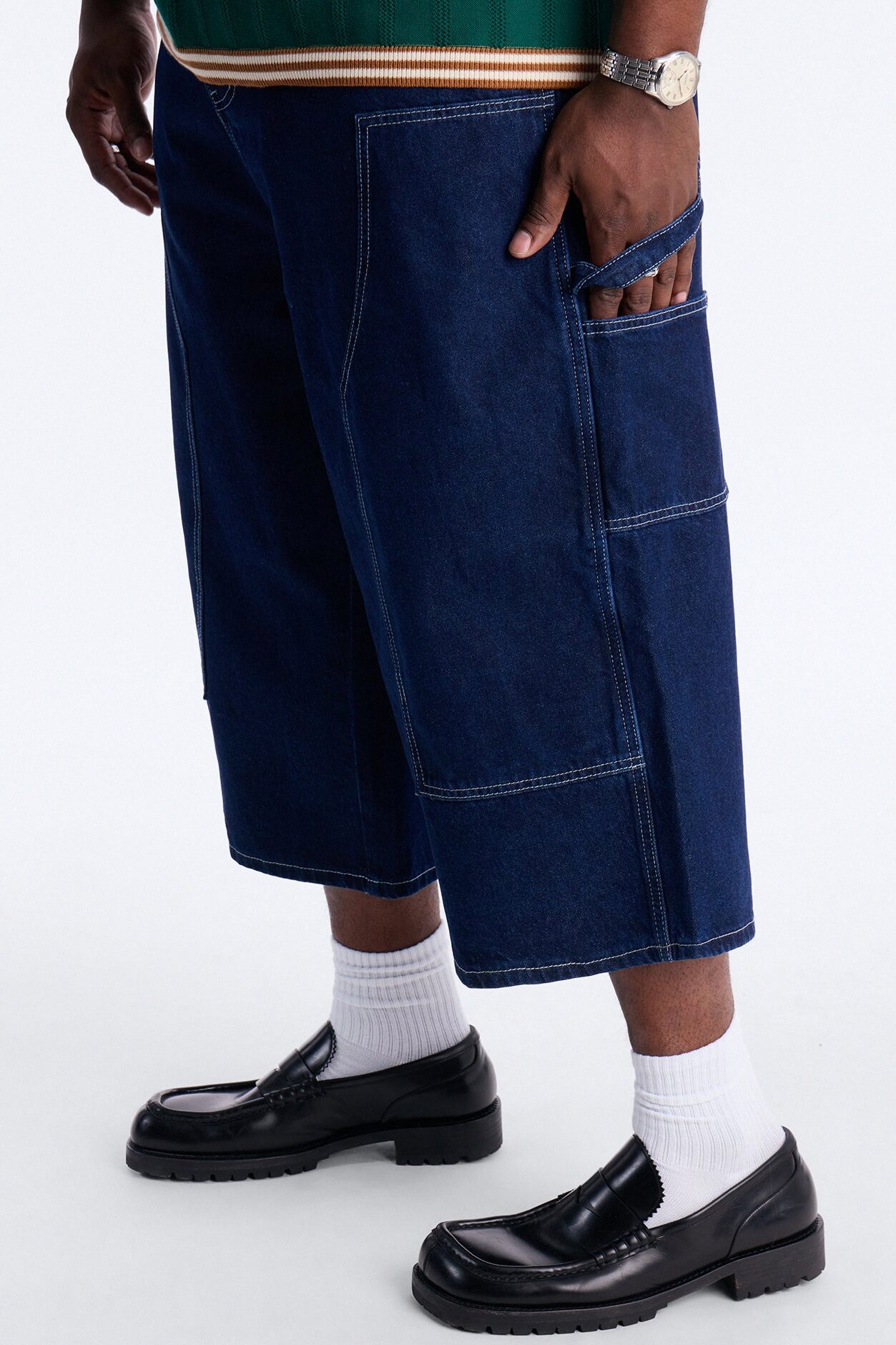 Super Baggy Button Drop Denim Shorts - Dark Wash