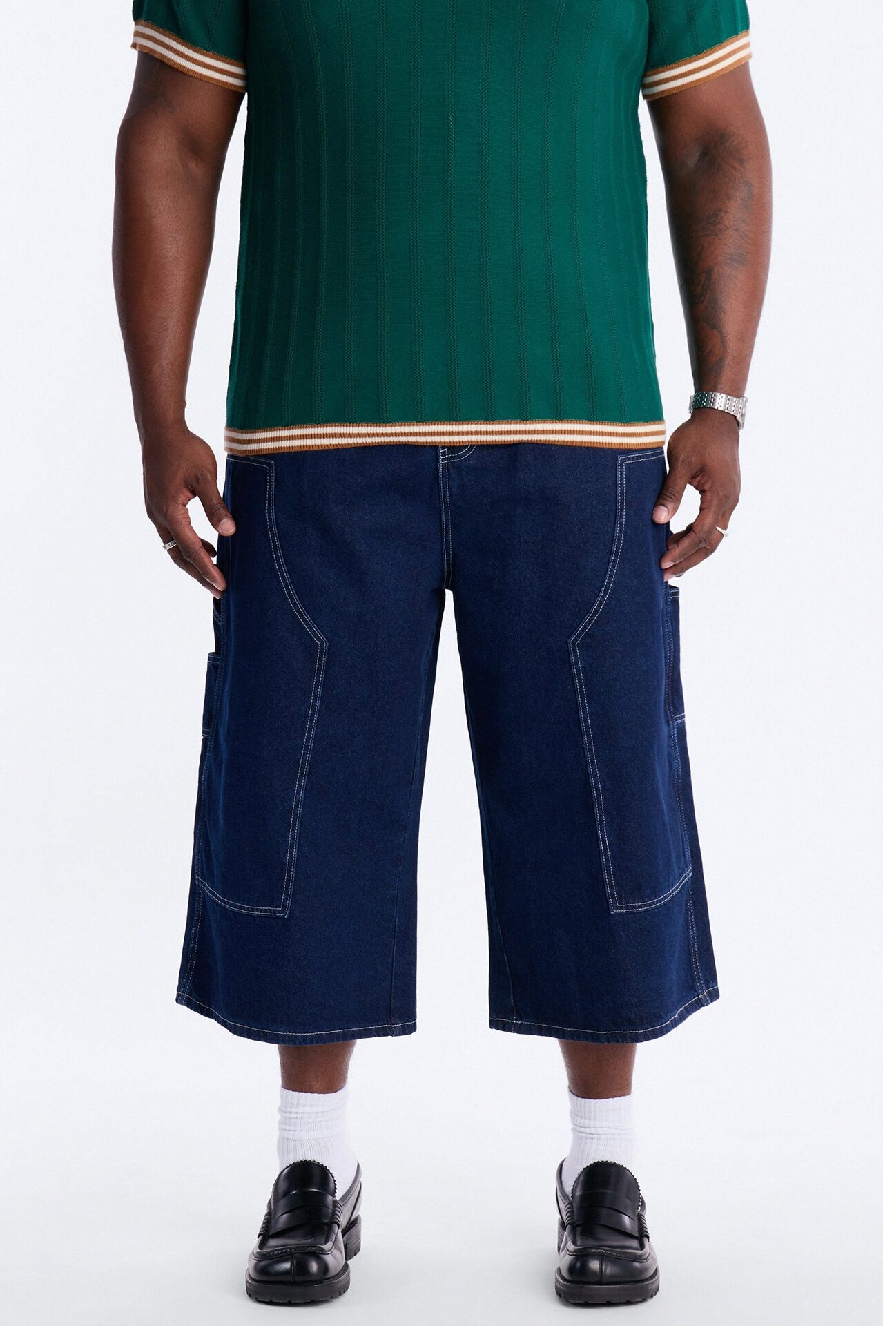 Super Baggy Button Drop Denim Shorts - Dark Wash
