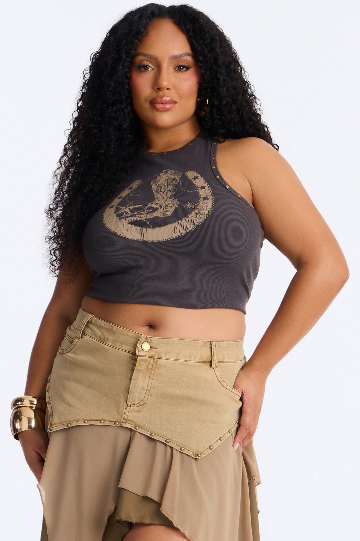 Cowgirl Boots Studded Ribbed Tank Top - Charcoal