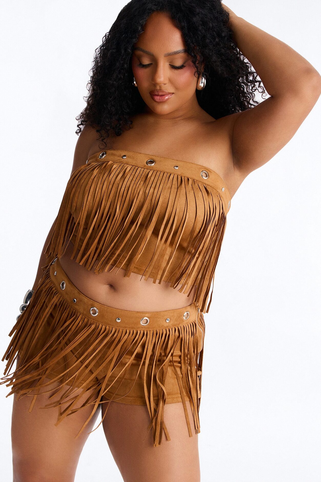 See My Swag Faux Suede Fringe Short Set - Cognac