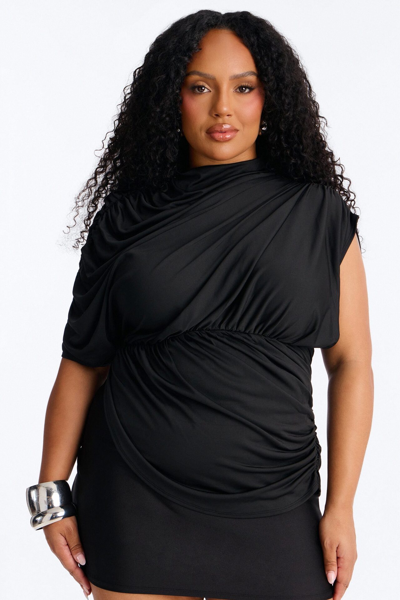 Madalyn Mock Neck Ruched Short Sleeve Top - Black