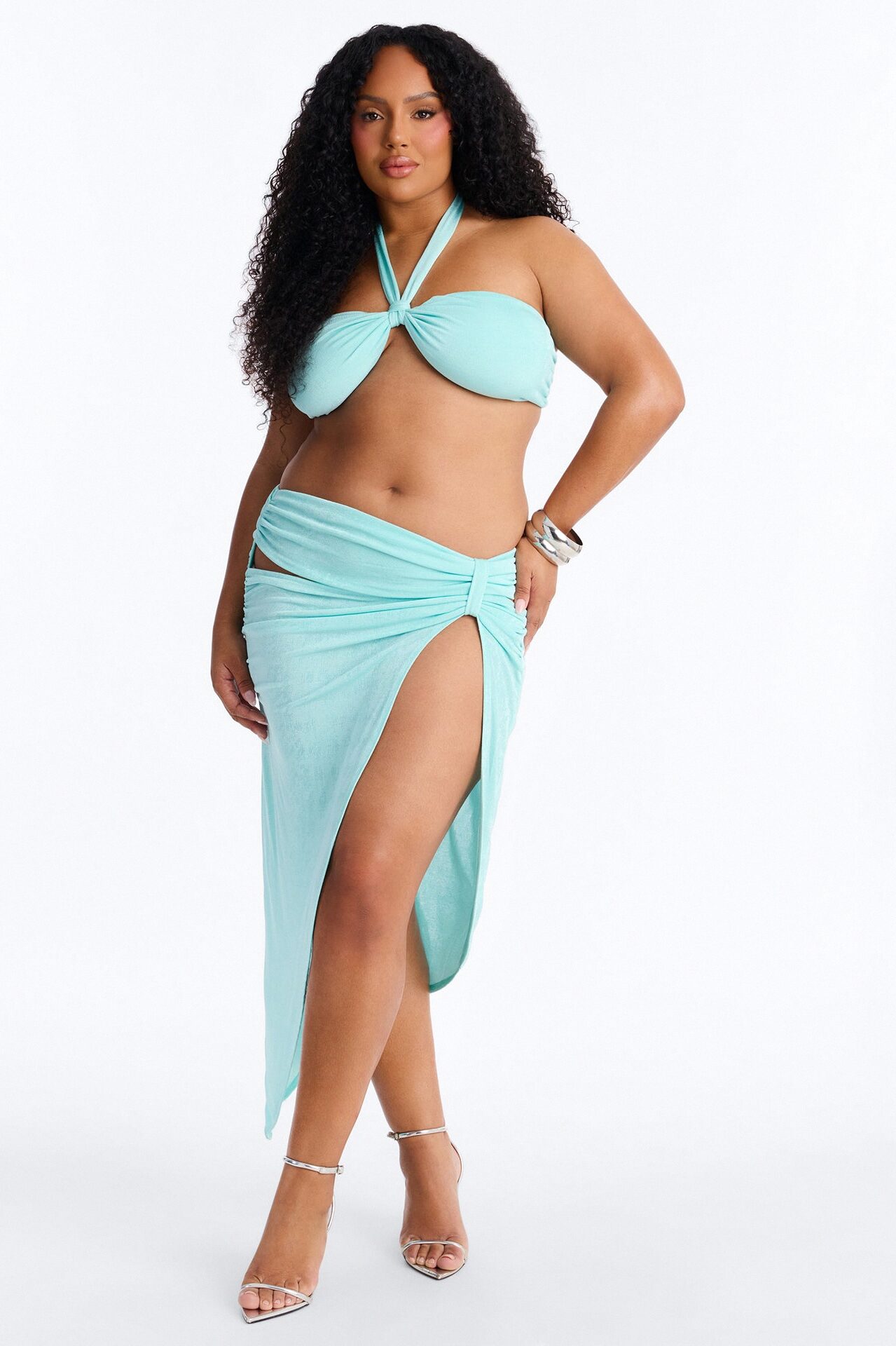 Cosmic Slinky High Slit Skirt Set - Aqua