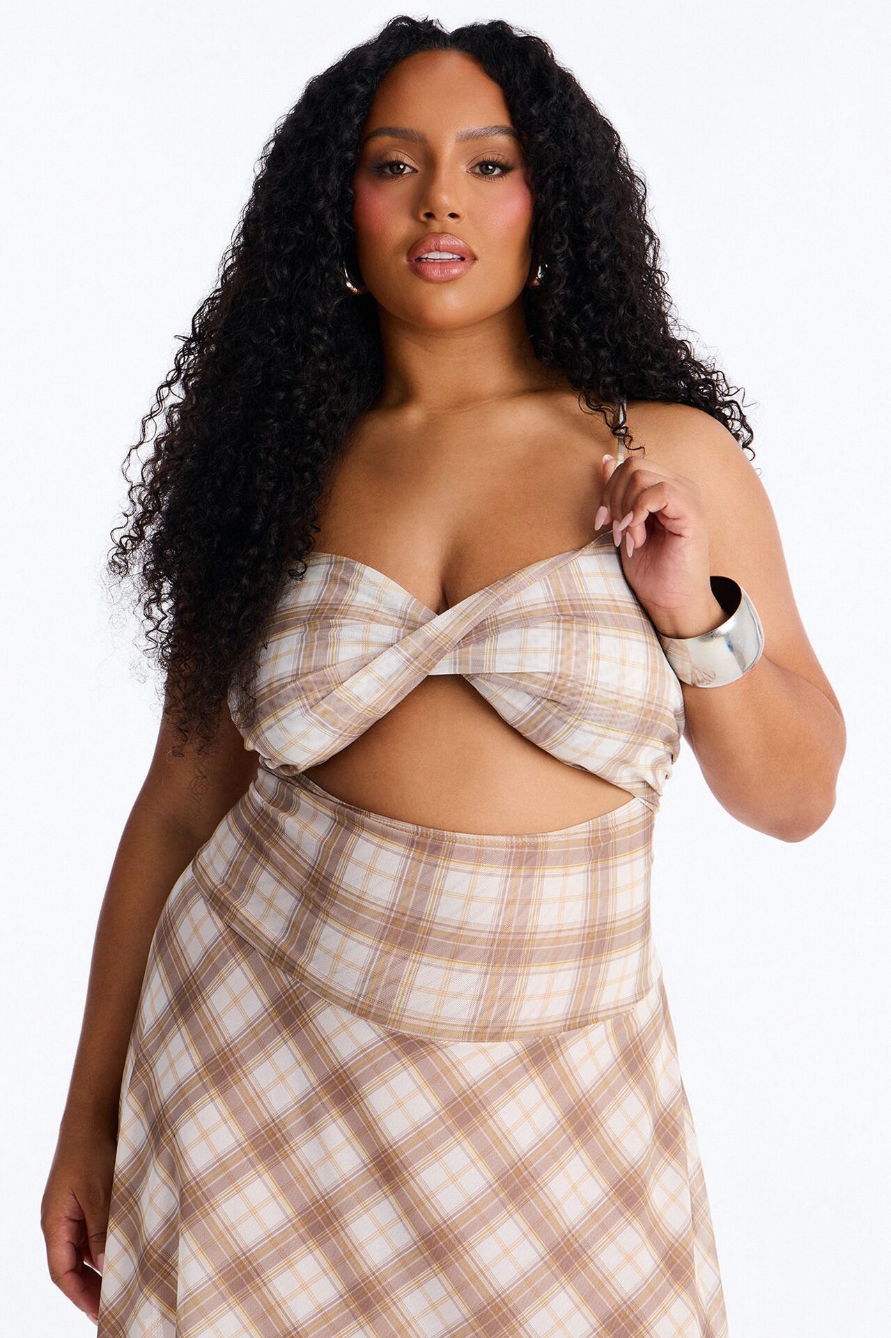 Preppy Plaid Mesh Cutie Midi Dress - Taupe/combo