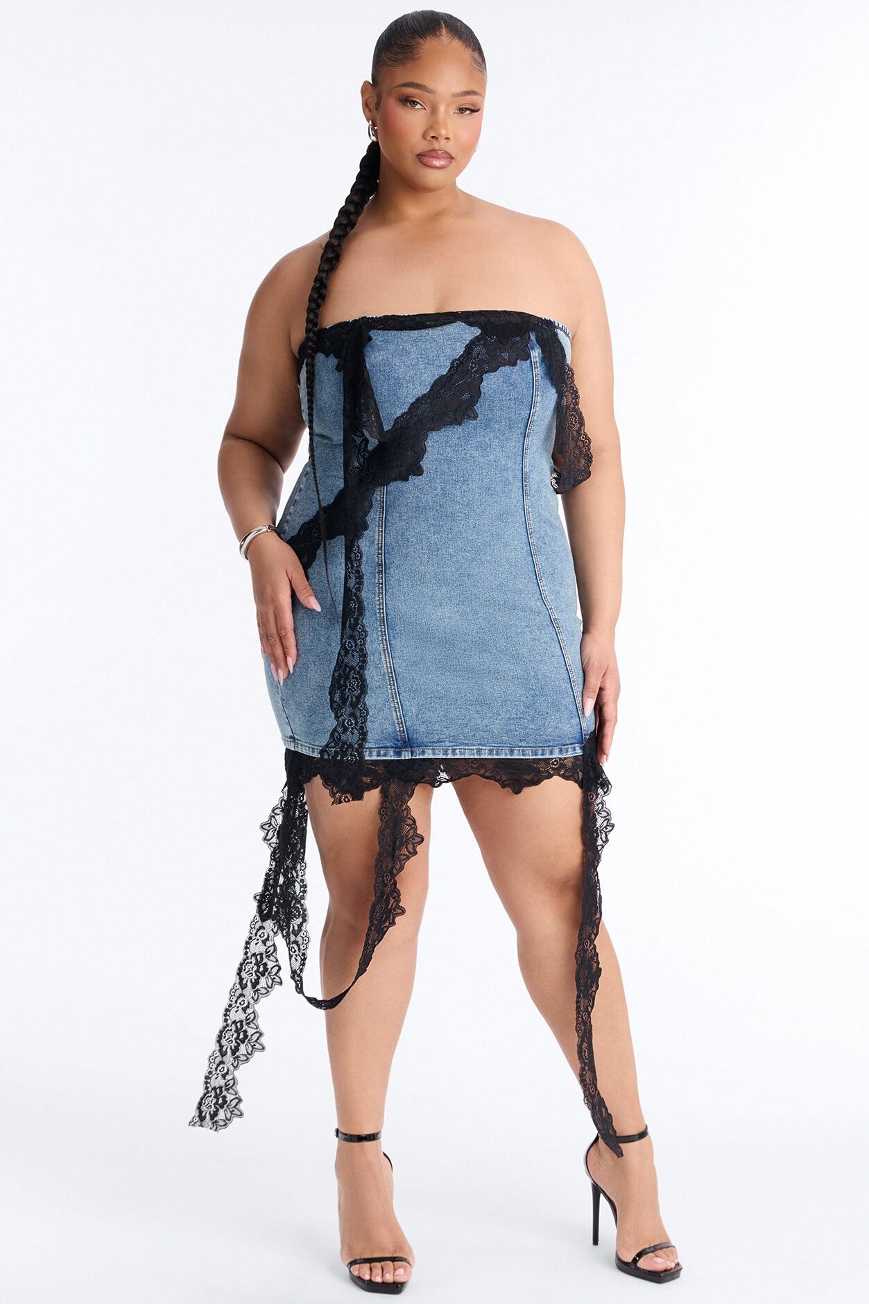Lizzie Lace Trim Stretch Denim Mini Dress - Medium Wash