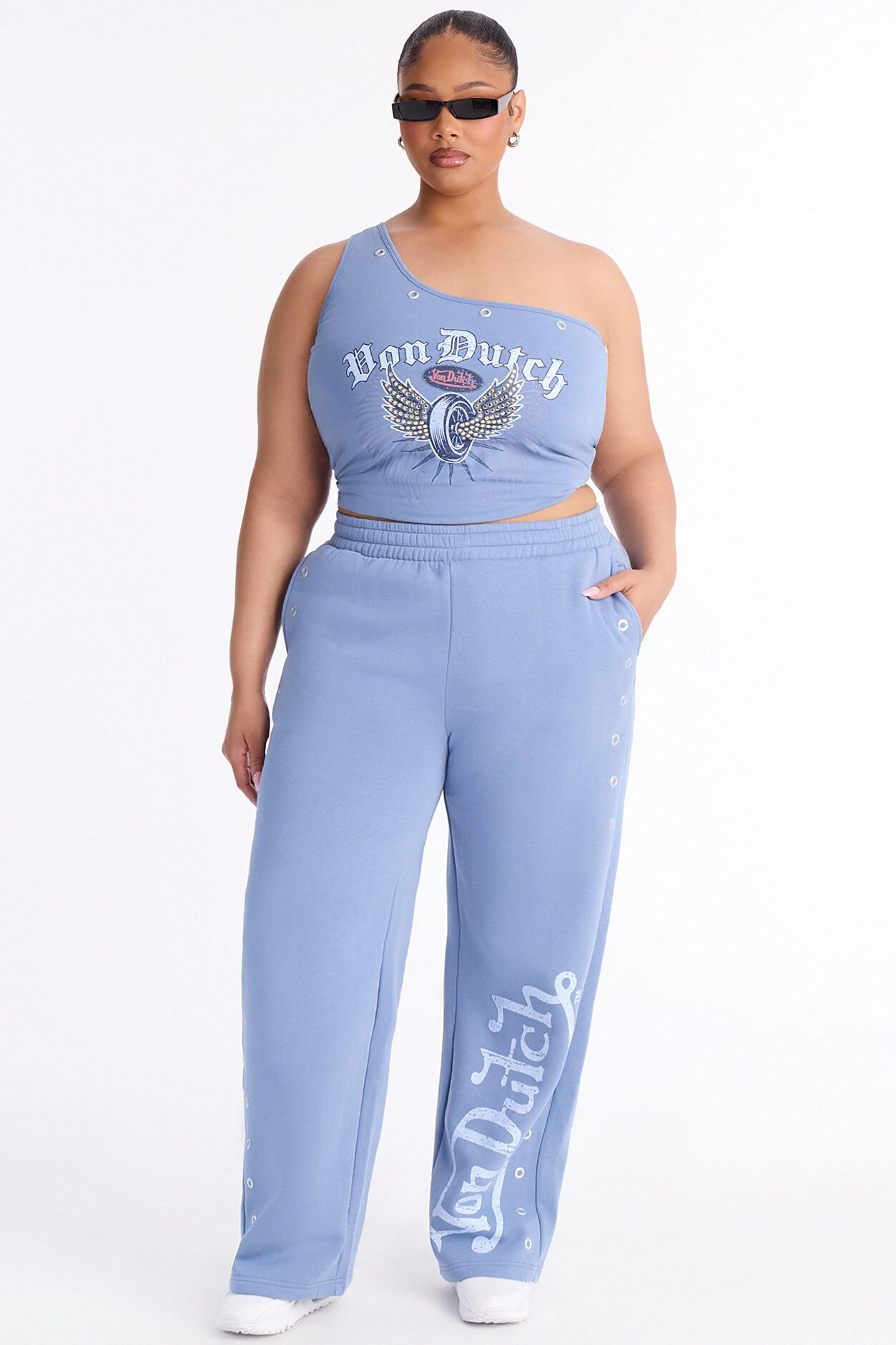Von Dutch One Shoulder Studded Tank Top - Light Blue