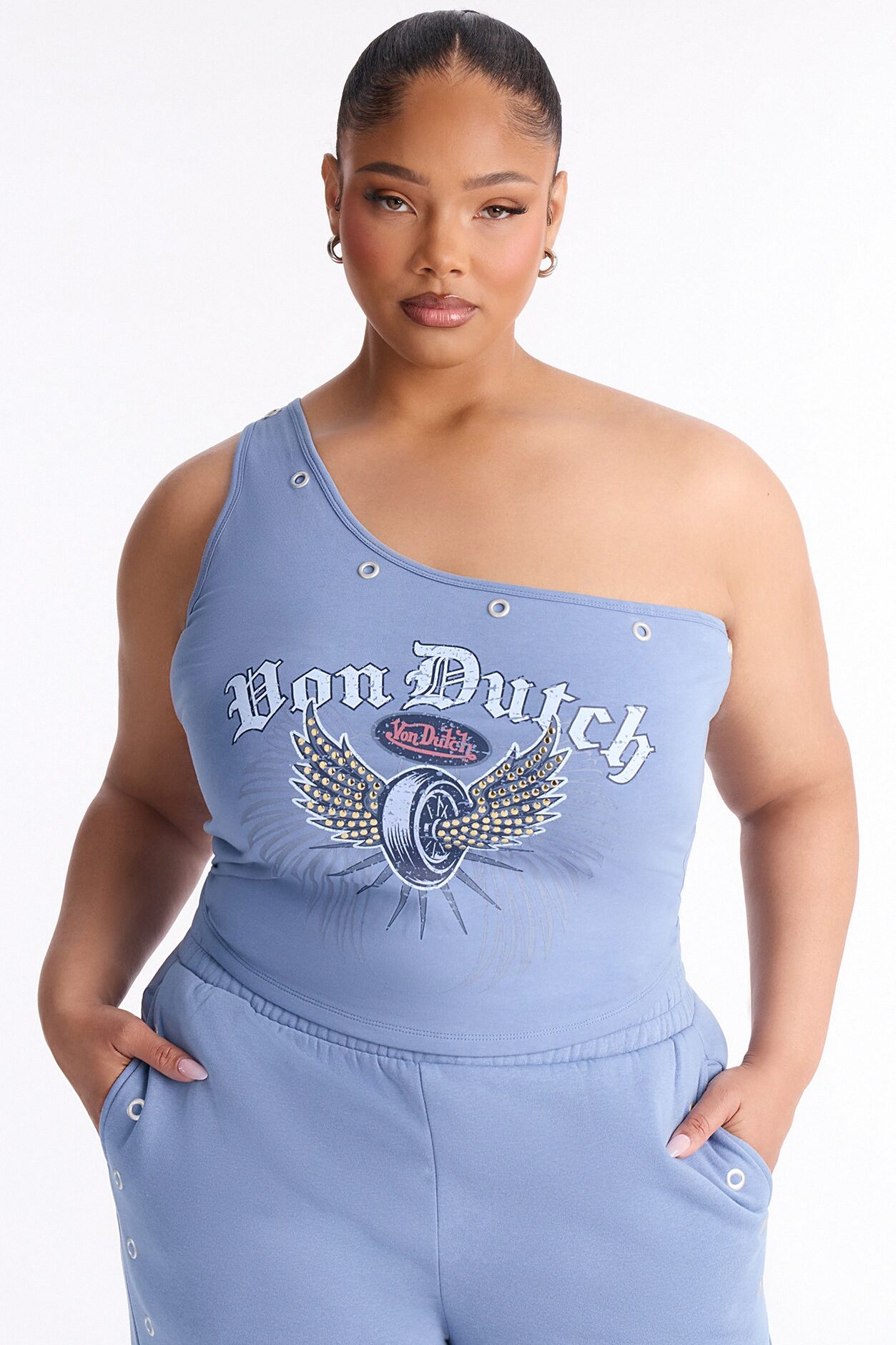 Von Dutch One Shoulder Studded Tank Top - Light Blue