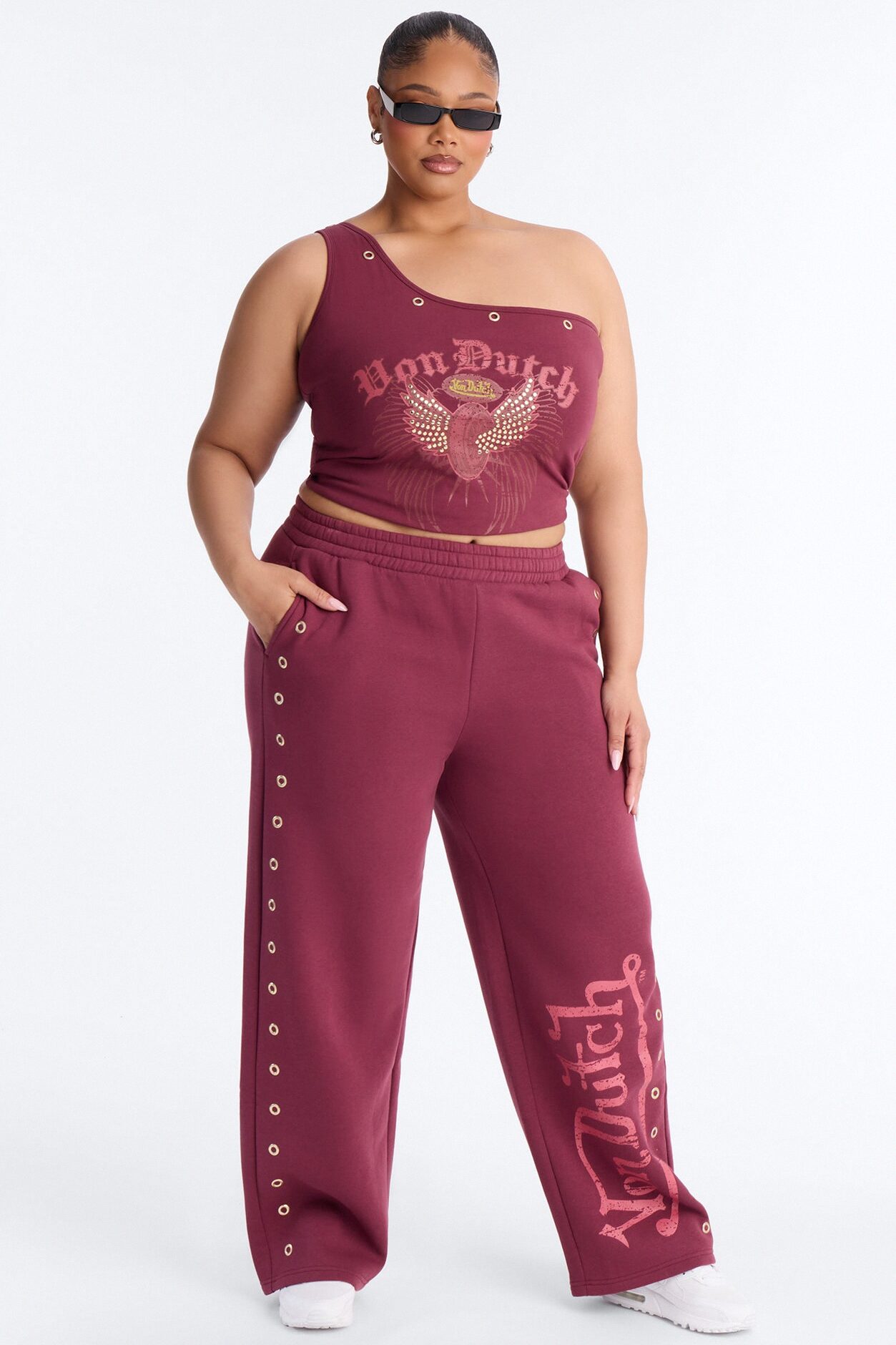 Von Dutch Studded One Shoulder Tank Top - Burgundy