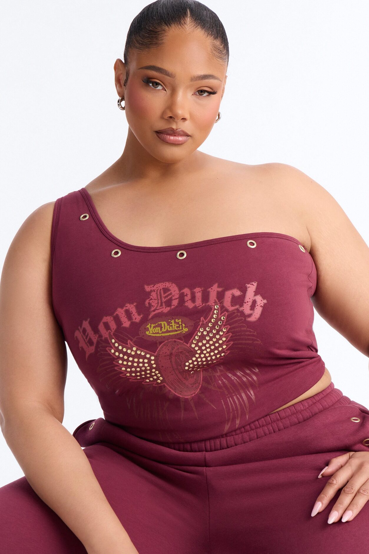Von Dutch Studded One Shoulder Tank Top - Burgundy