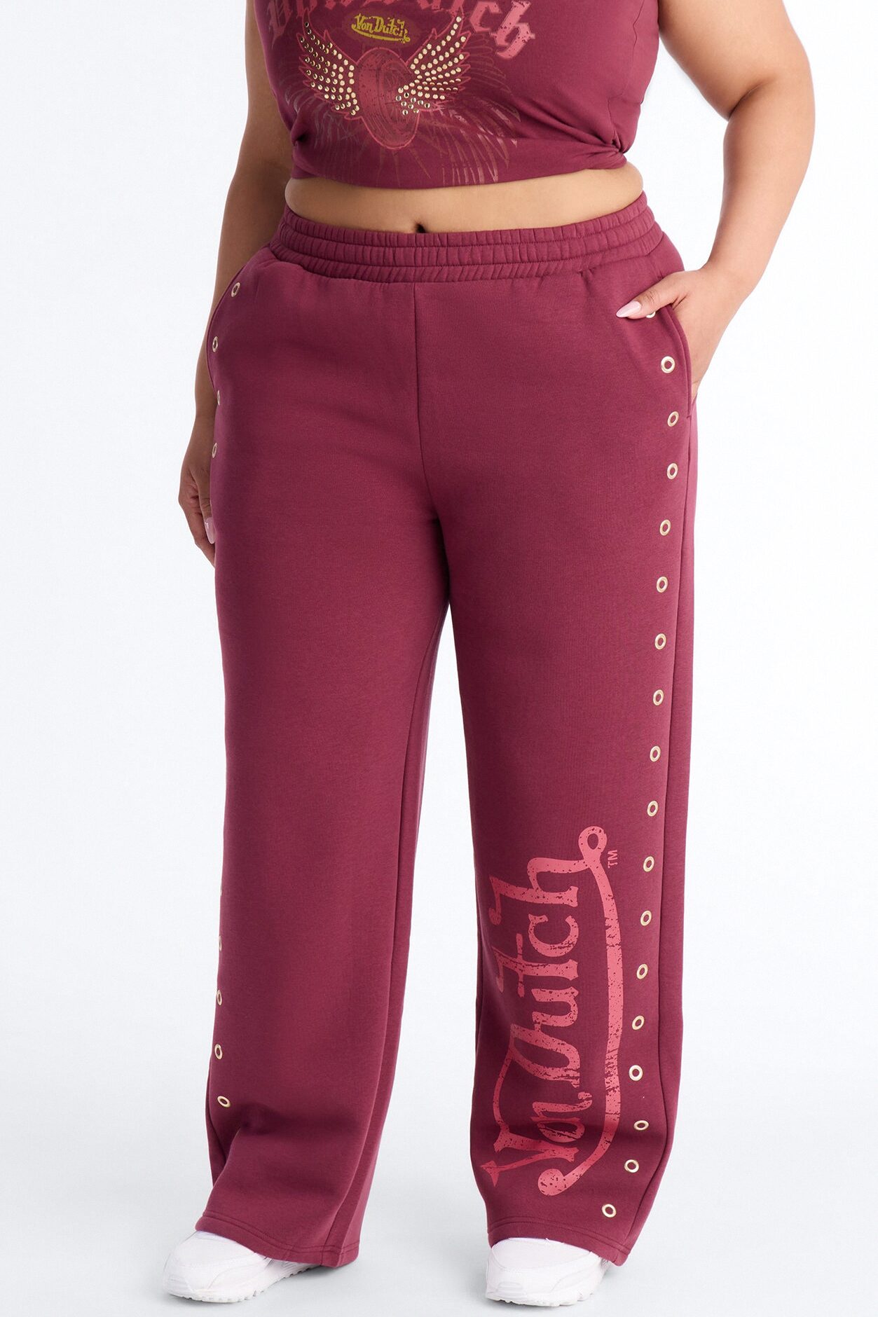Von Dutch Rocker Wide Leg Pant With Grommets - Burgundy