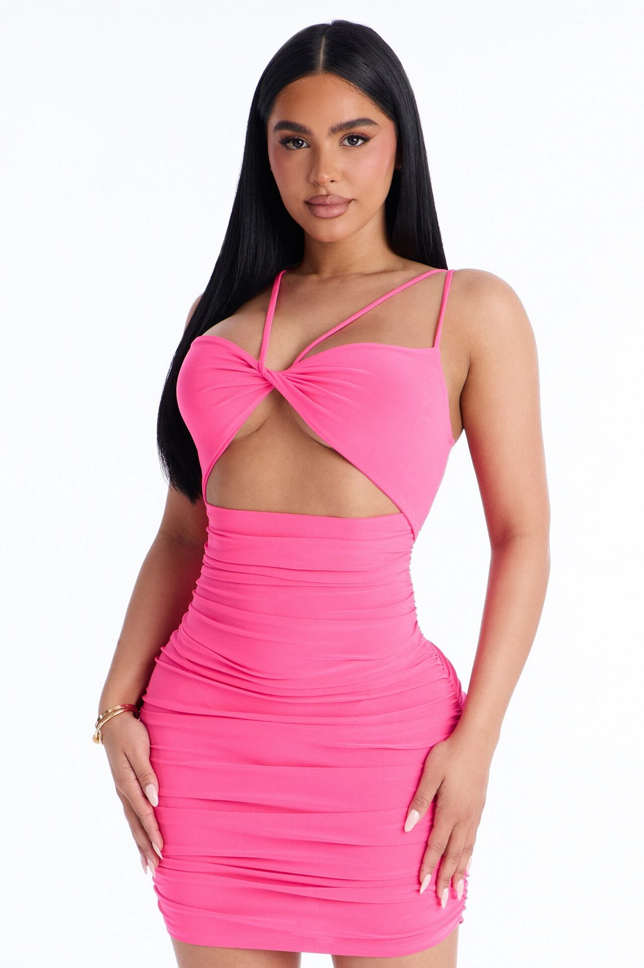 Aleah Cut Out Ruched Midi Dress - Neon Pink