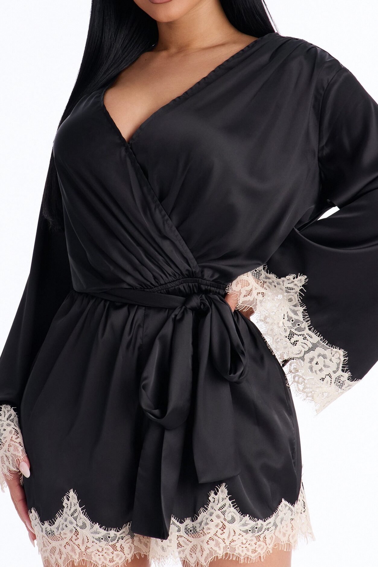 Cherie Satin Lace Trim Romper - Black