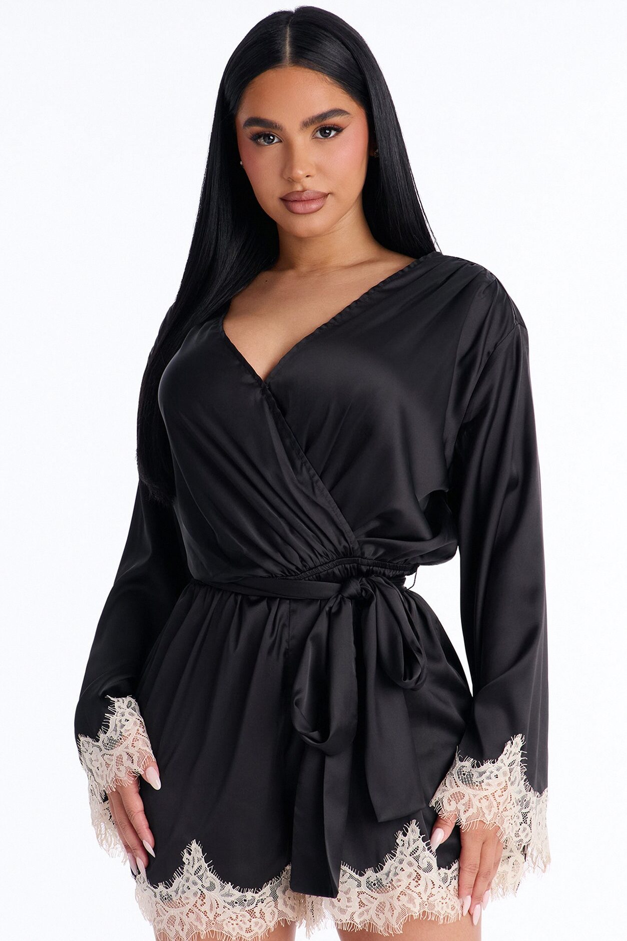 Cherie Satin Lace Trim Romper - Black