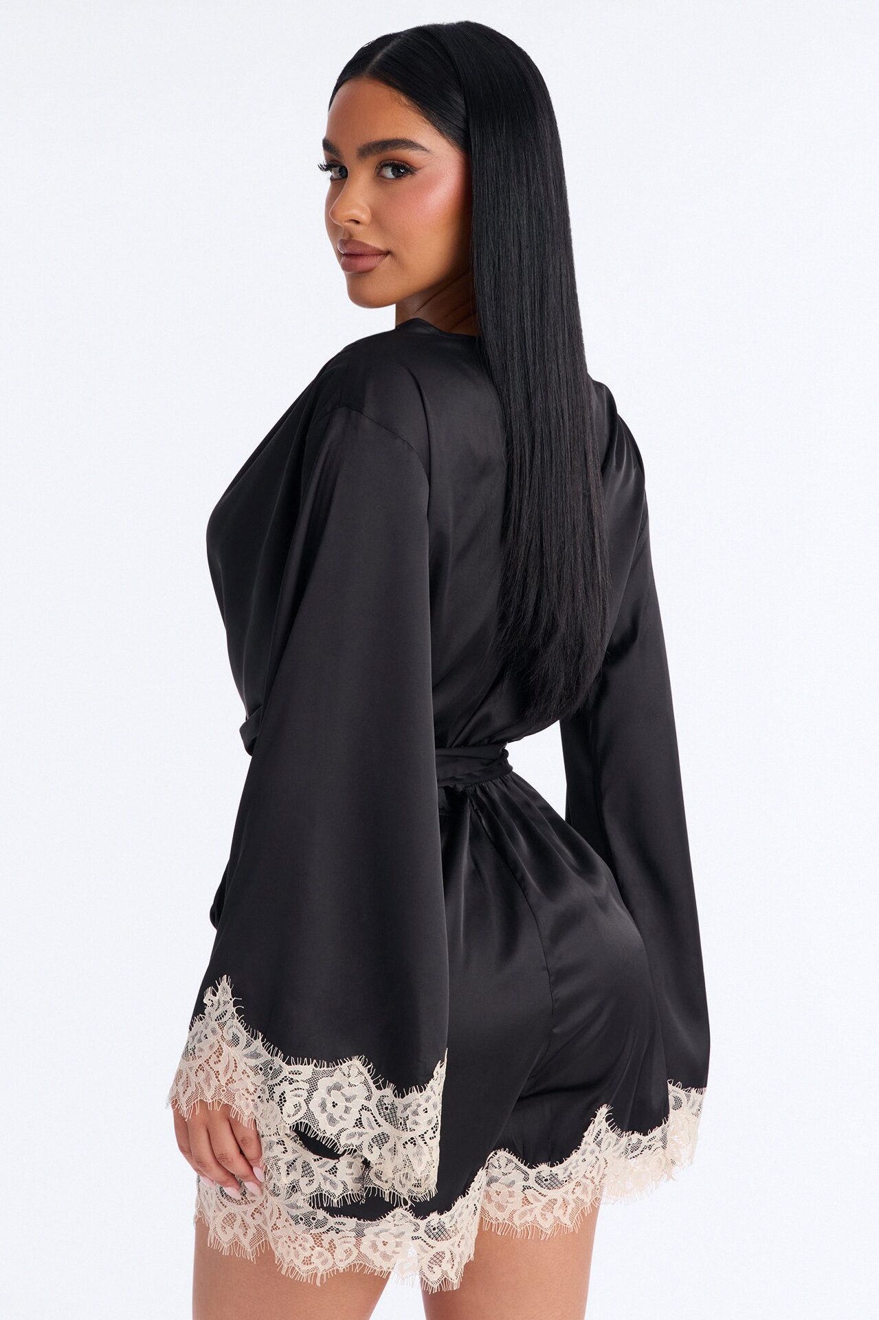 Cherie Satin Lace Trim Romper - Black