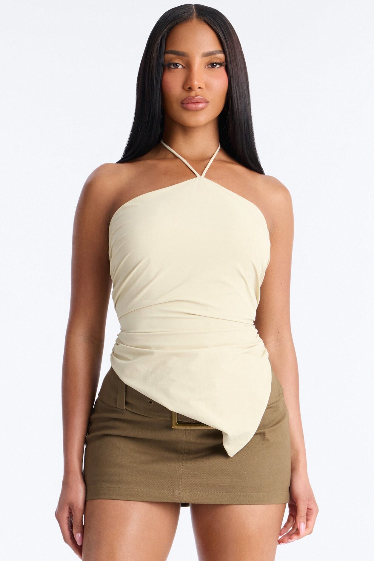 Cute Enough Asymmetrical Nylon Halter Top - Stone