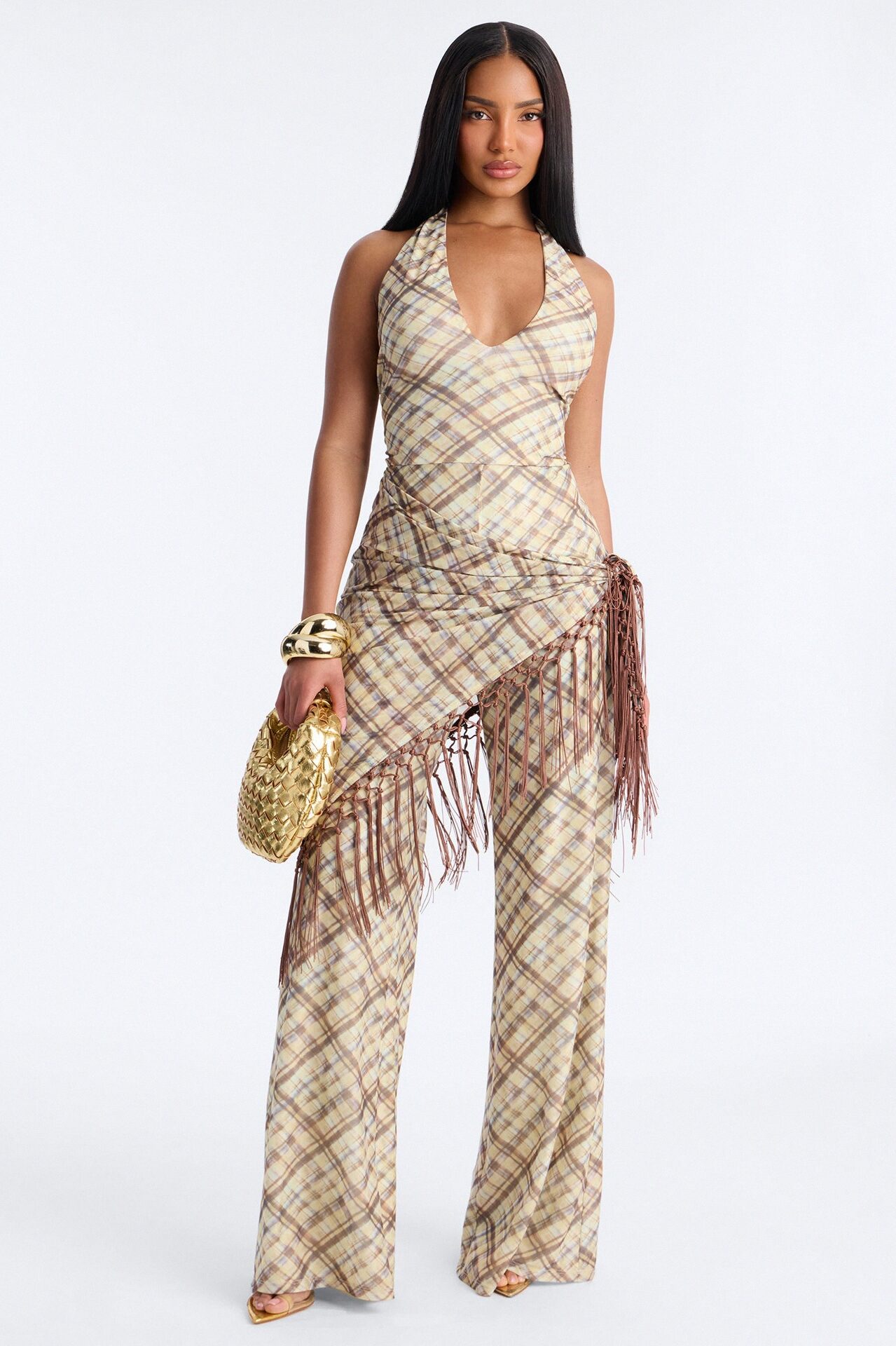 Ava Mesh Plaid Waist Scarf Jumpsuit - Brown