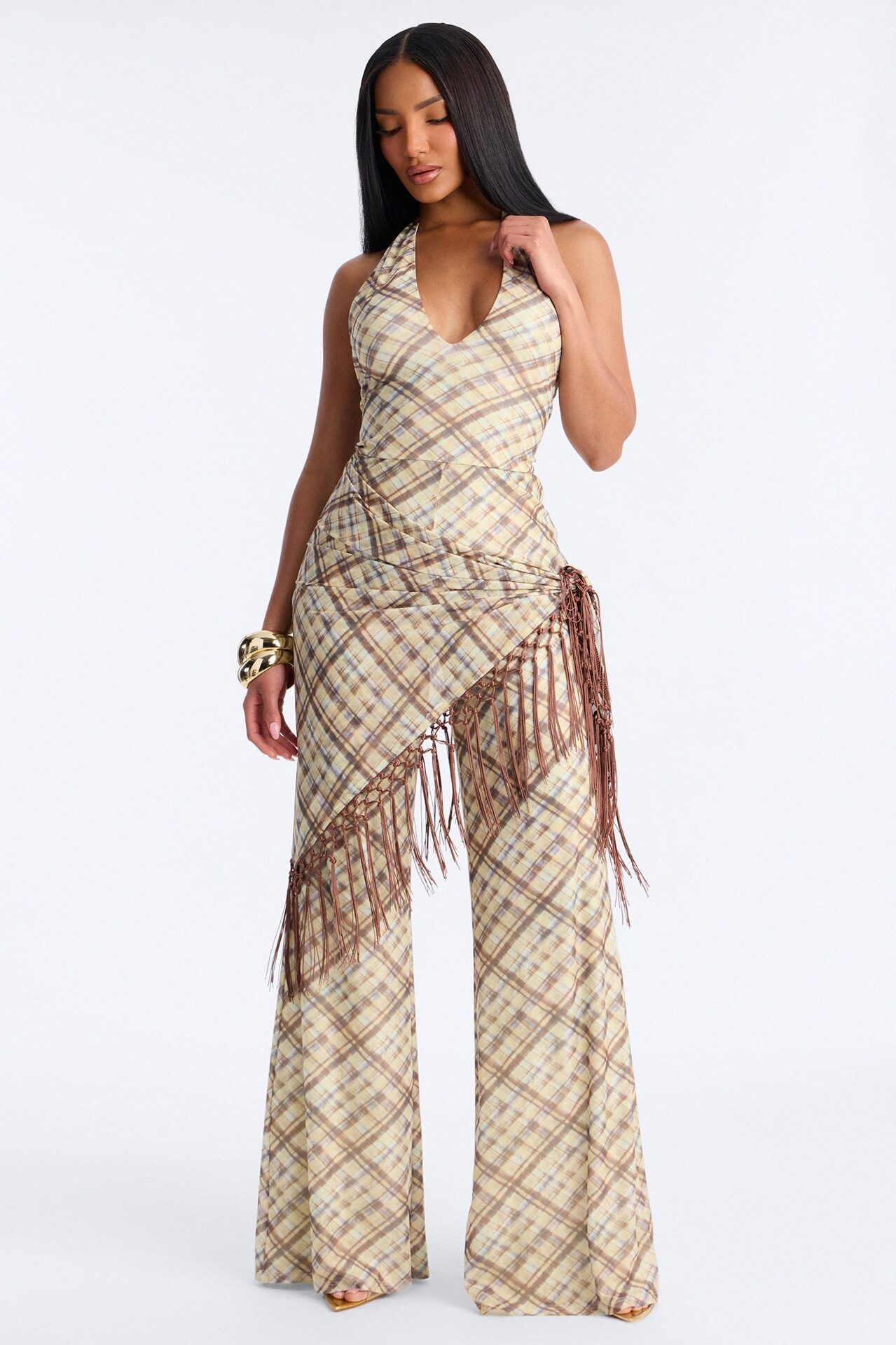 Ava Mesh Plaid Waist Scarf Jumpsuit - Brown