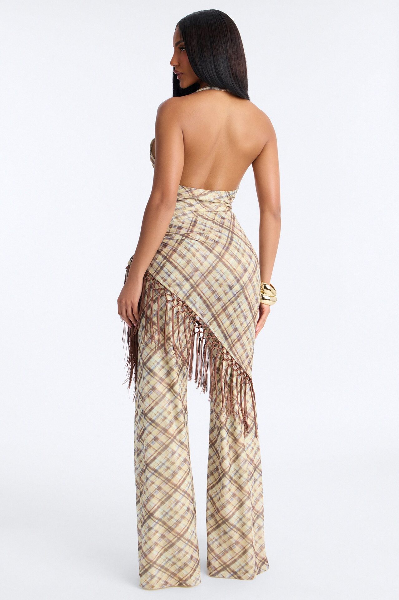 Ava Mesh Plaid Waist Scarf Jumpsuit - Brown
