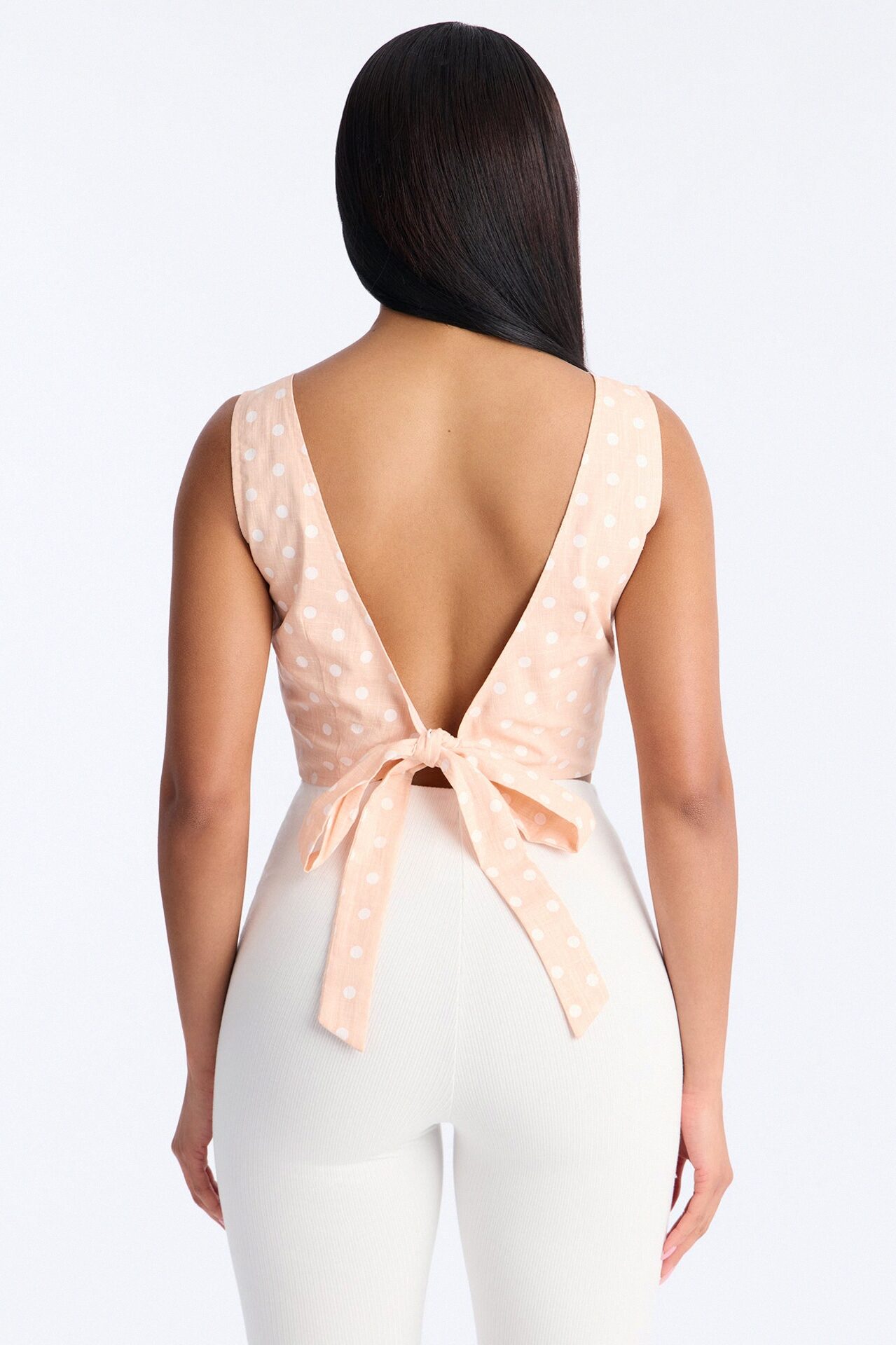 On The Cute Side Polka Dot Cropped Linen Top - Peach/combo