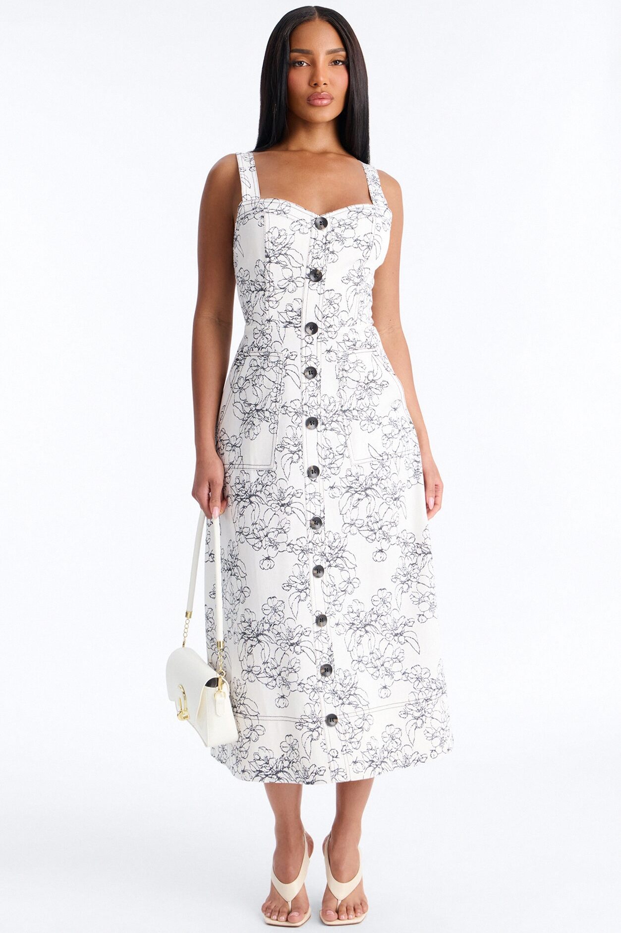 Carla Floral Denim Midi Dress - White/Black