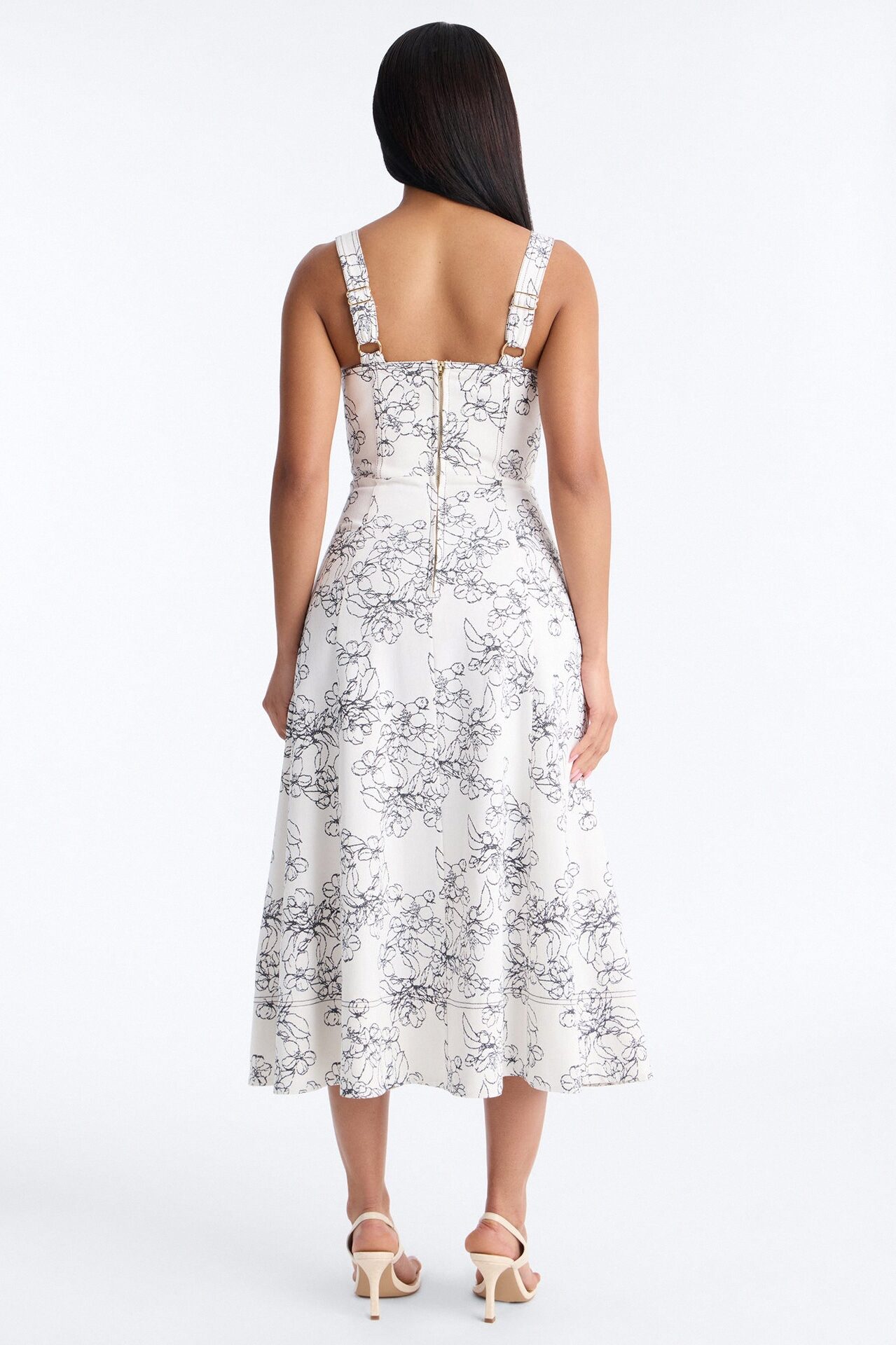 Carla Floral Denim Midi Dress - White/Black