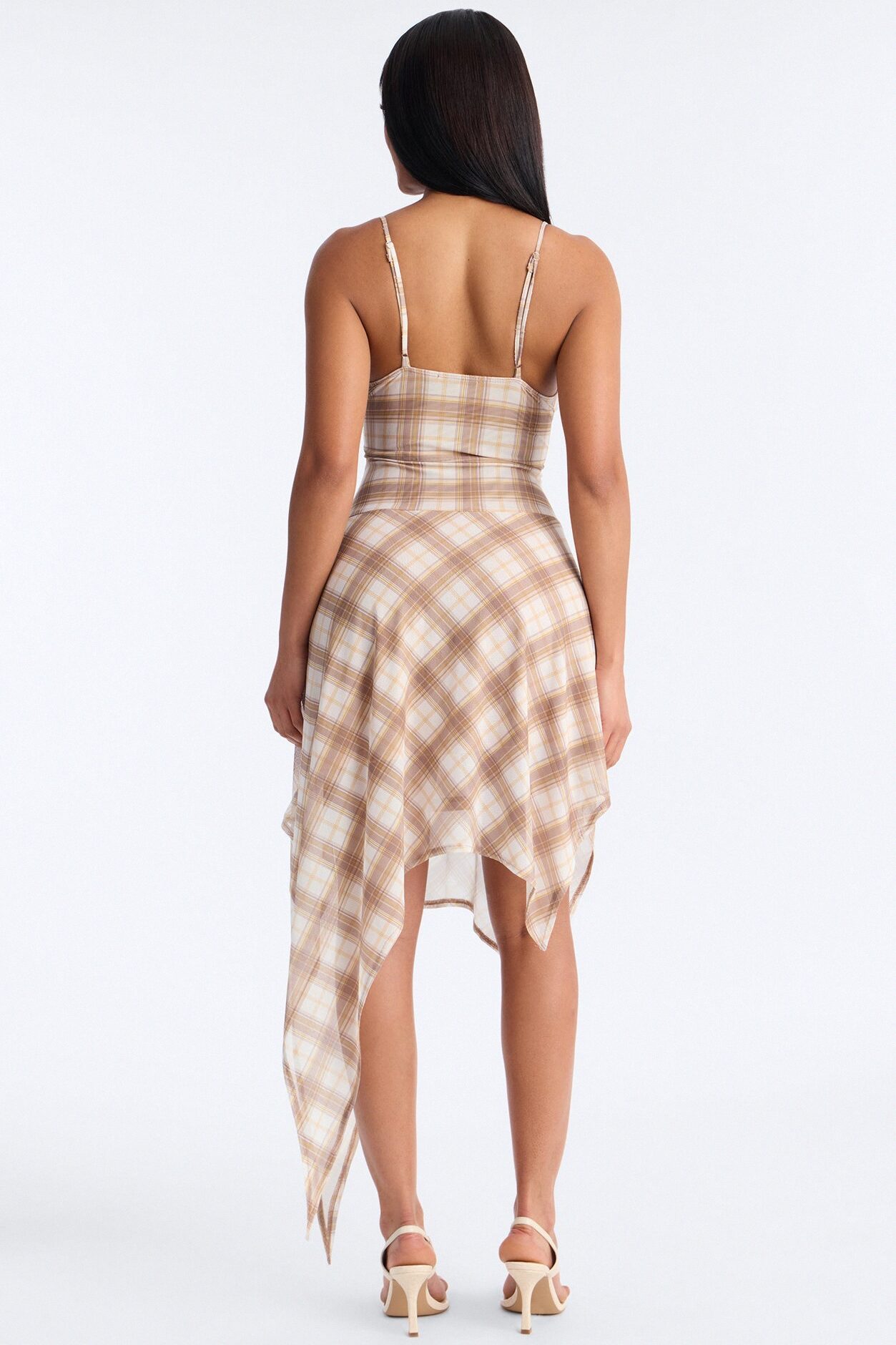 Preppy Plaid Mesh Cutie Midi Dress - Taupe/combo