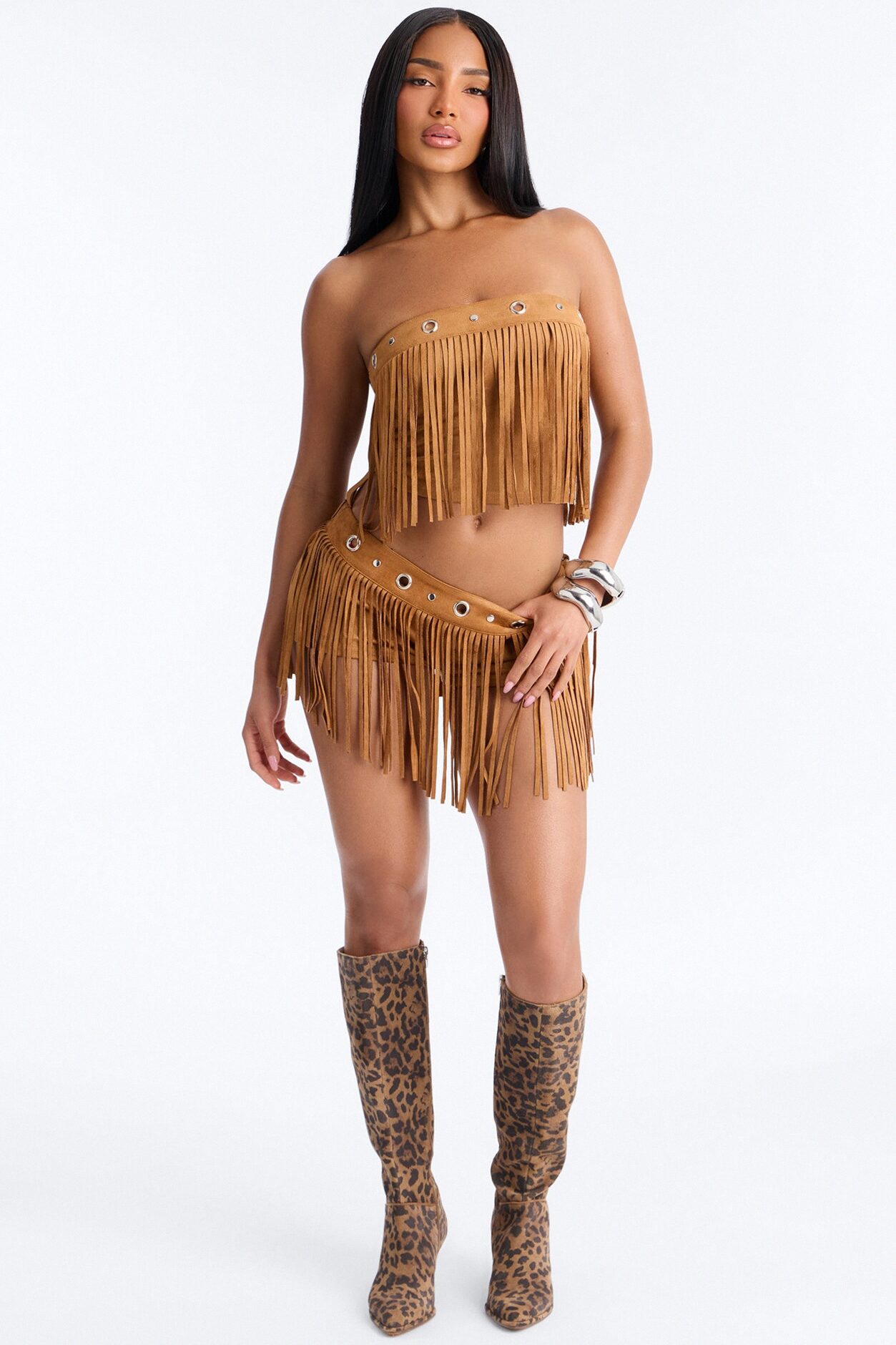 See My Swag Faux Suede Fringe Short Set - Cognac
