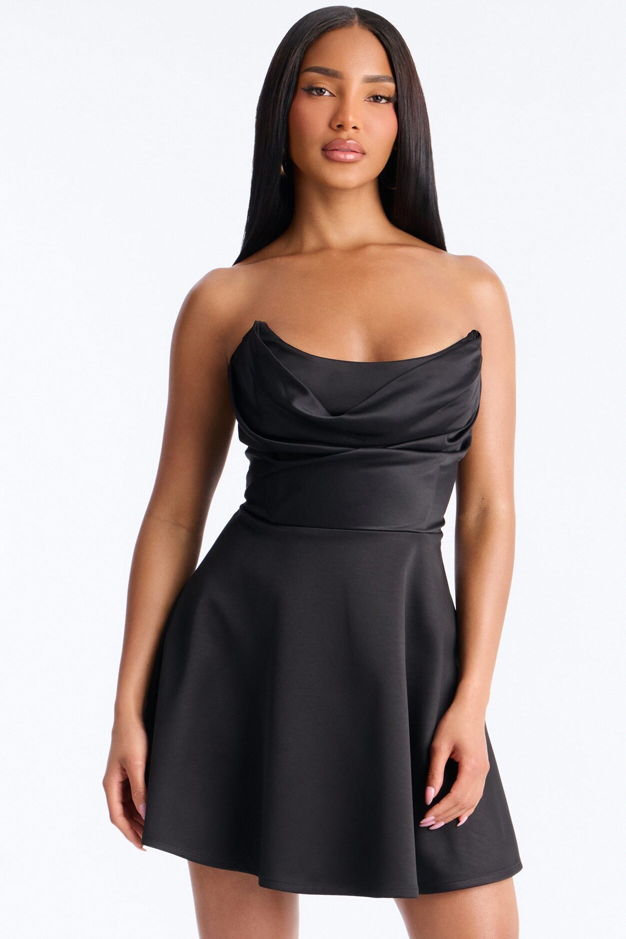 Playful Satin Strapless Mini Dress - Black