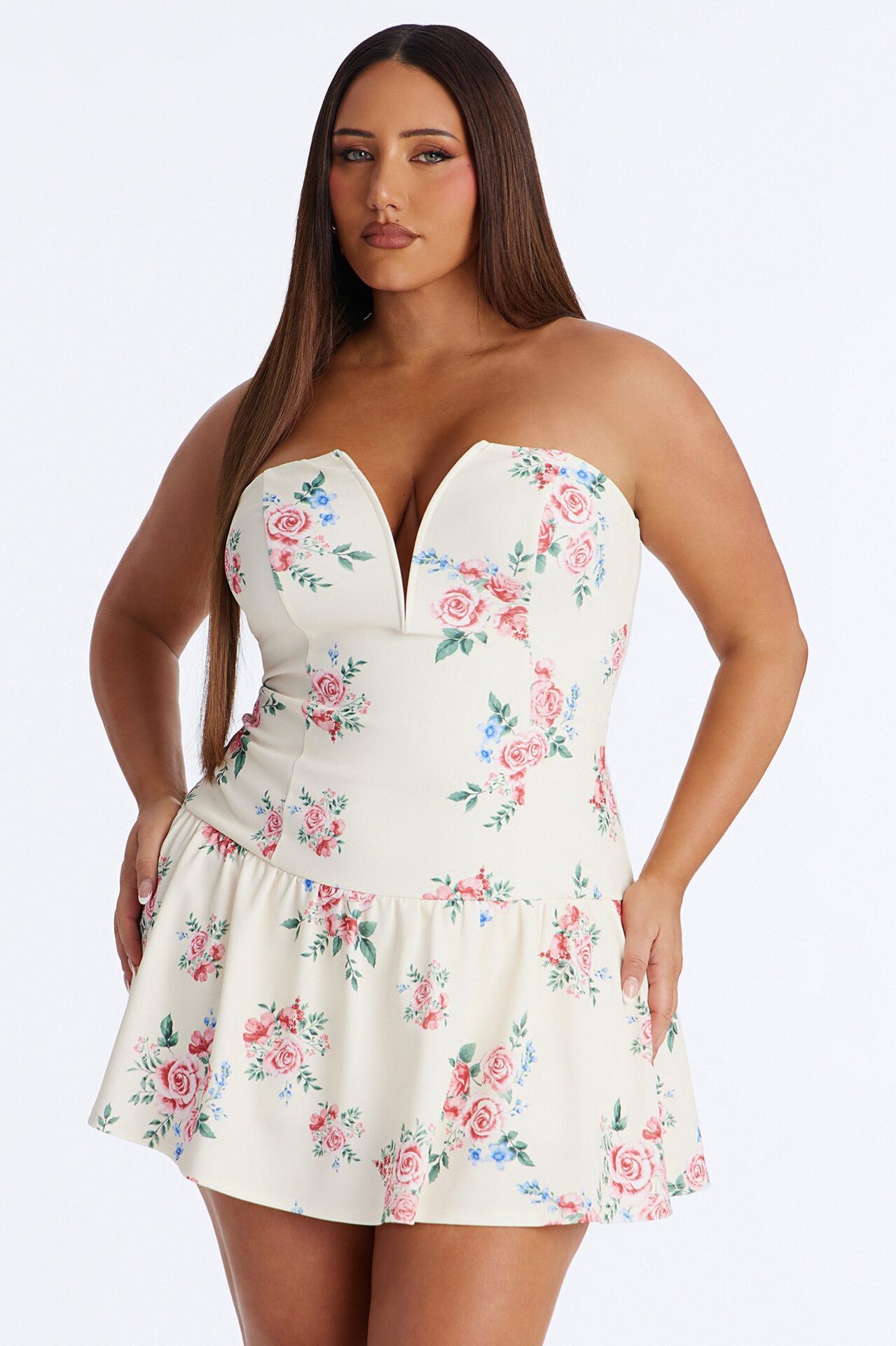 Kaylani Strapless Floral Mini Dress - Ivory