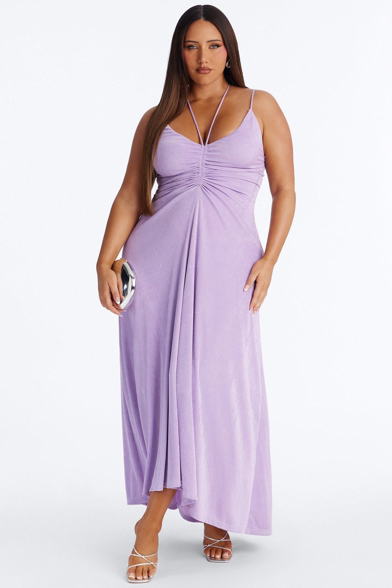 Bobbi Ruched Slinky Maxi Dress - Lavender