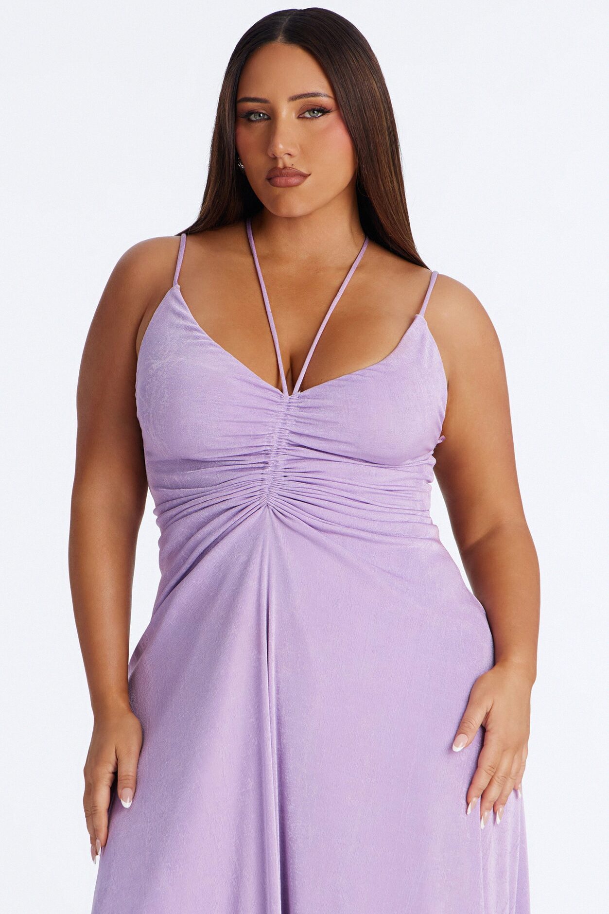 Bobbi Ruched Slinky Maxi Dress - Lavender