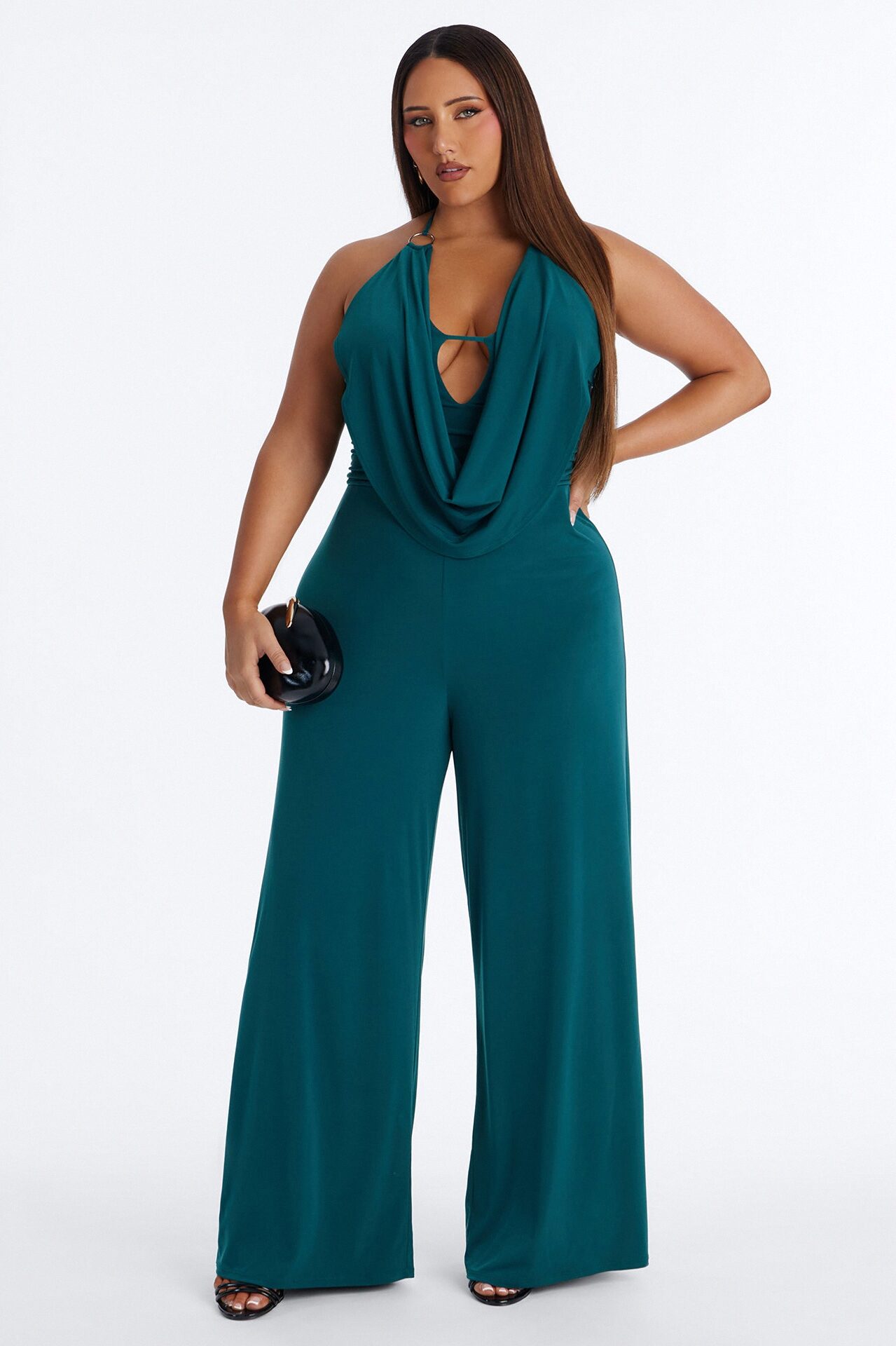 Shana Cowl Halter Wide Leg Jumpsuit - Green