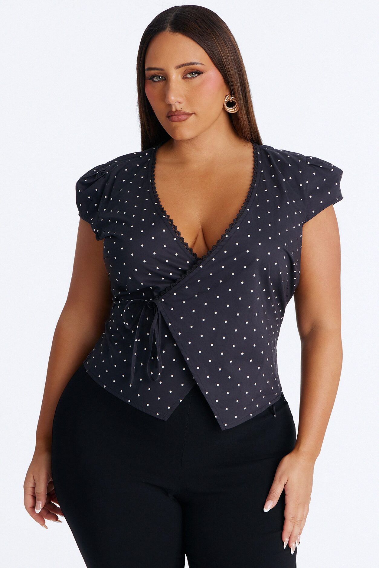Adeline Surplice Neck Polka Dot Top - Black/combo