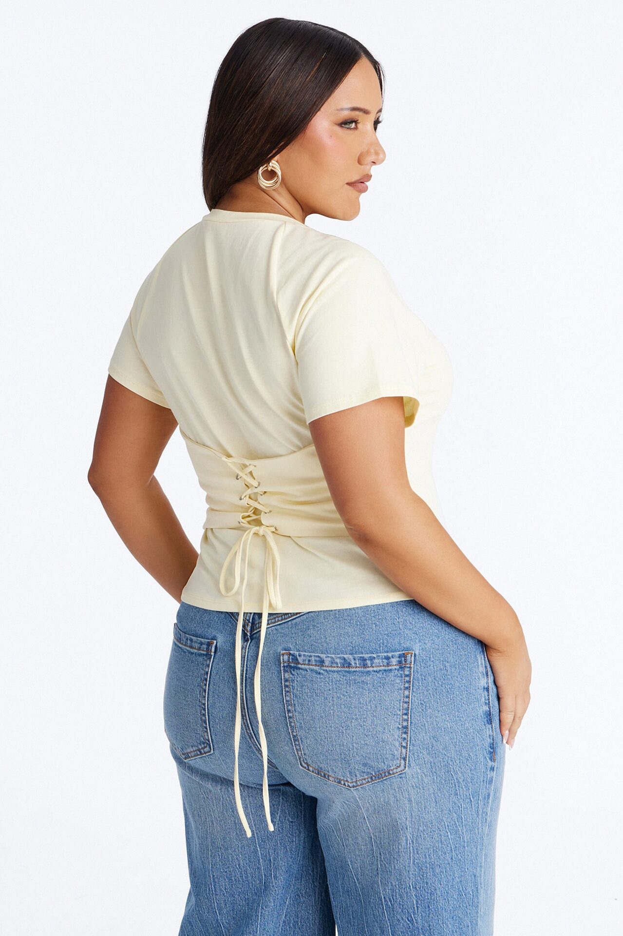 Lowkey Snatched Lace Up Short Sleeve Tee - Butter Yellow