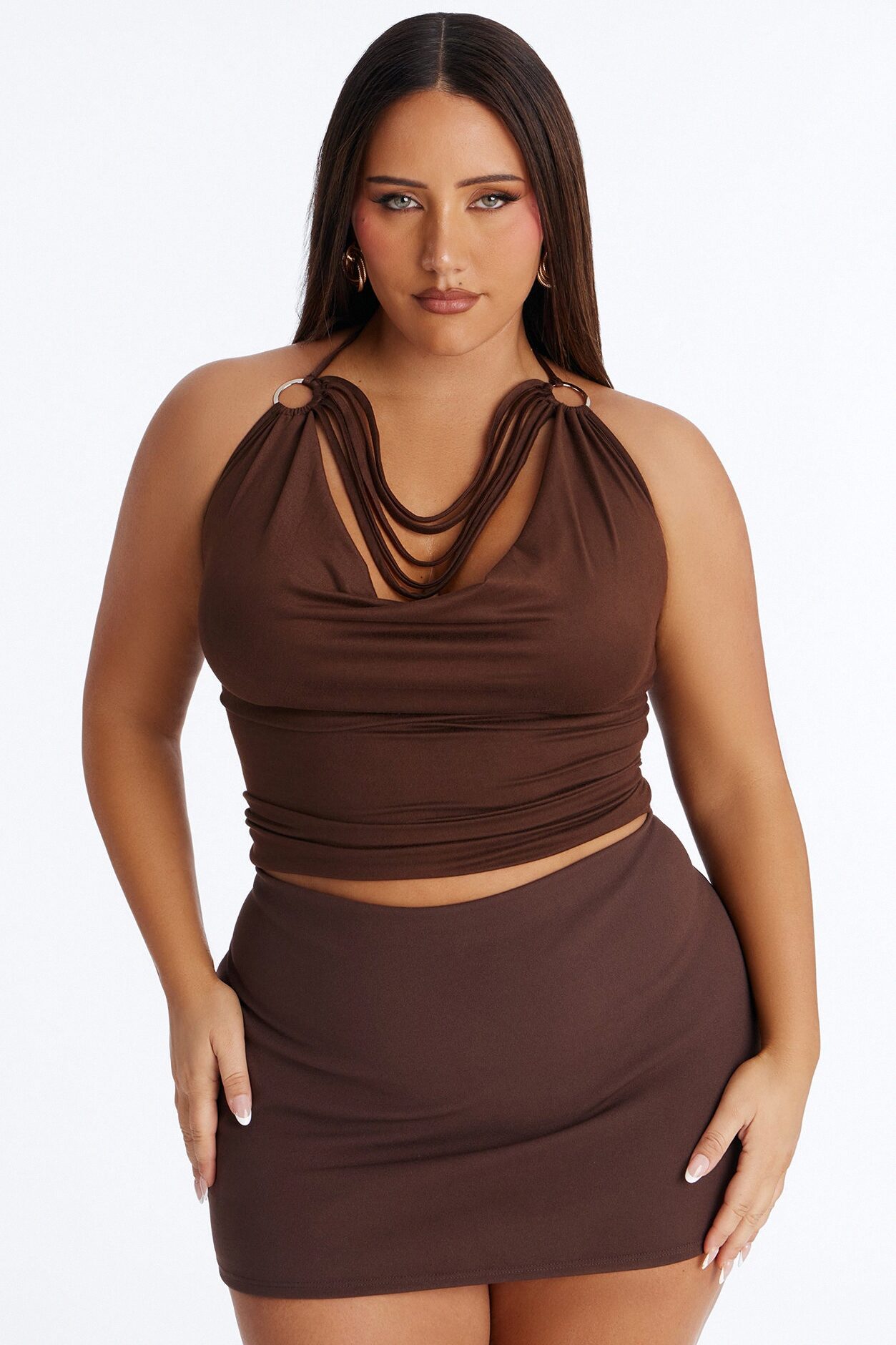 Party All Night Fringe Cowl Neck Halter Top - Chocolate