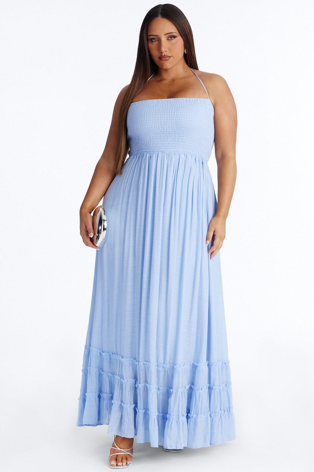 Eden Smocked Linen Maxi Dress - Light Blue