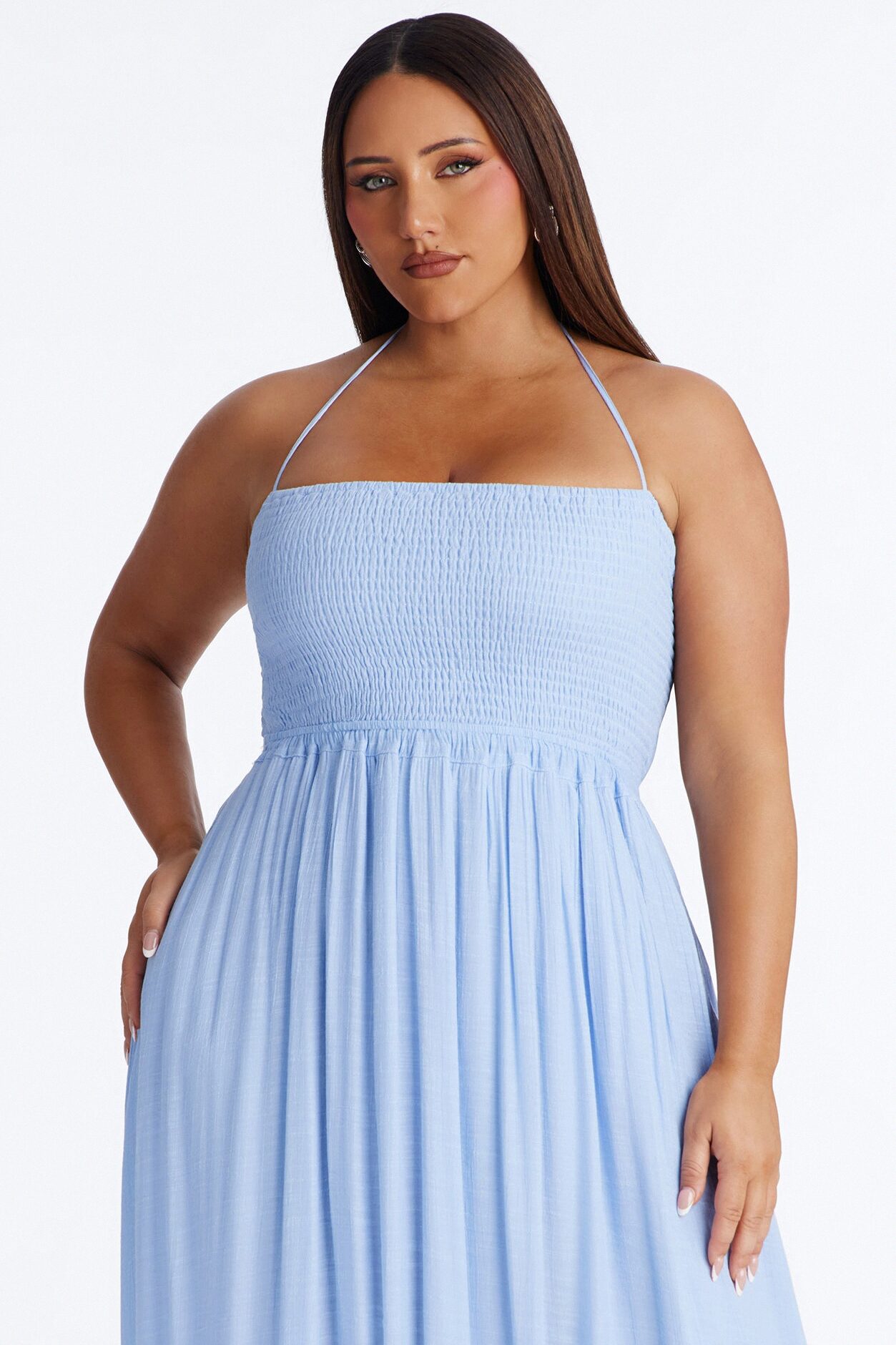 Eden Smocked Linen Maxi Dress - Light Blue