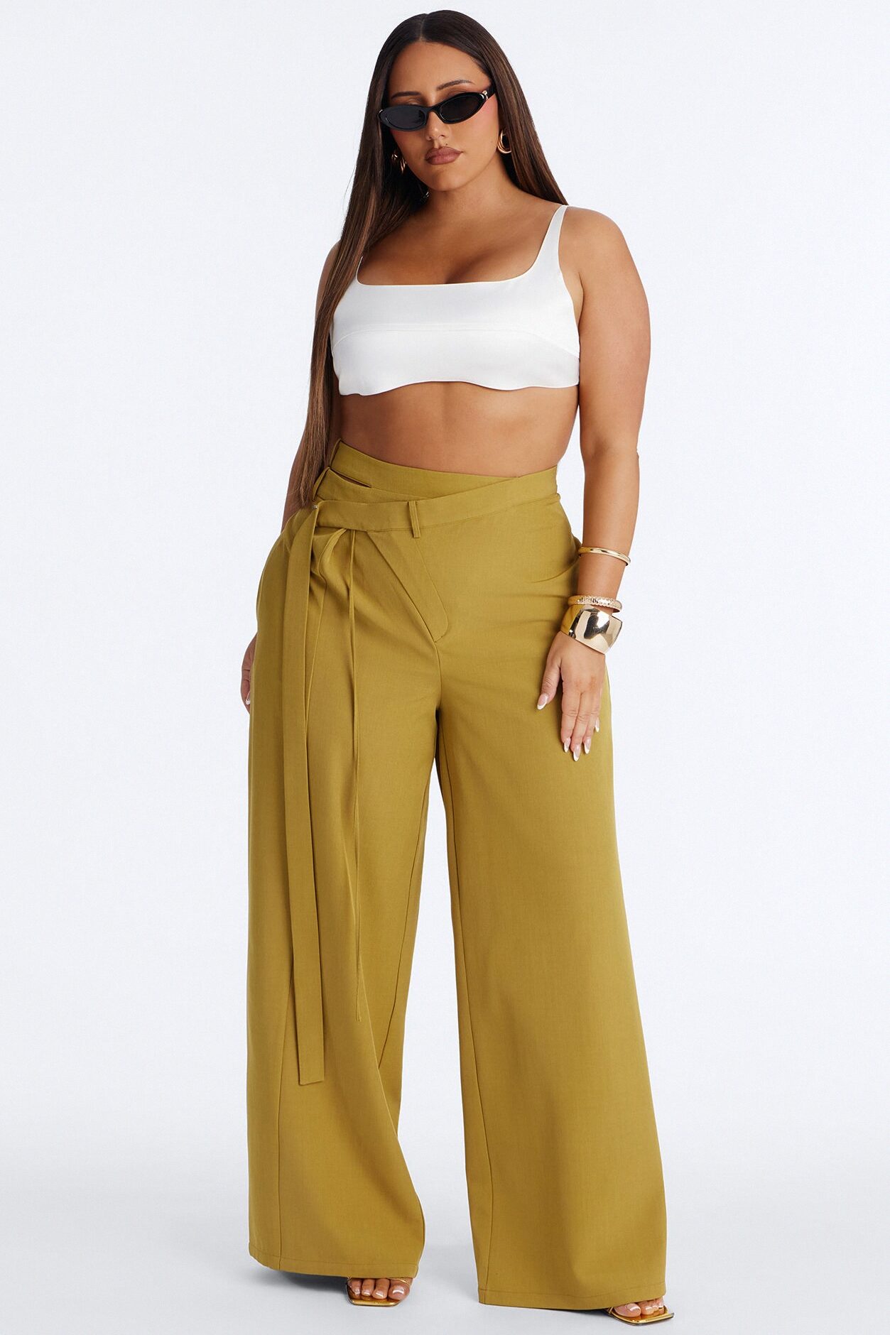 All Wrapped Up Cutout Wide Leg Trousers - Chartreuse