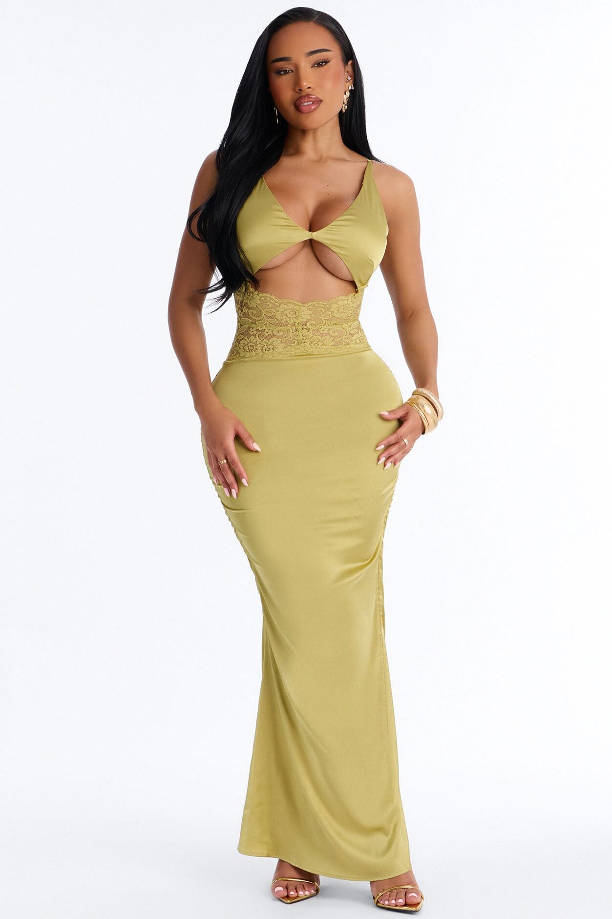 Jessica Lace Cut Out Satin Maxi Dress - Chartreuse