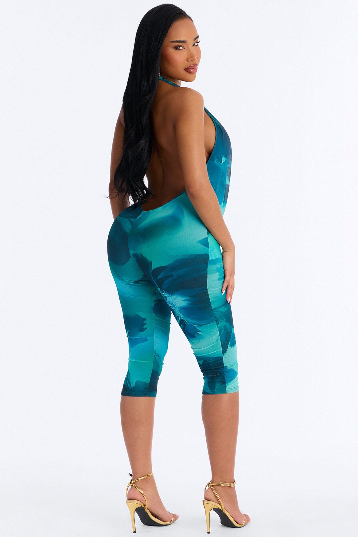 Jade Mesh Backless Capri Jumpsuit - Green/combo