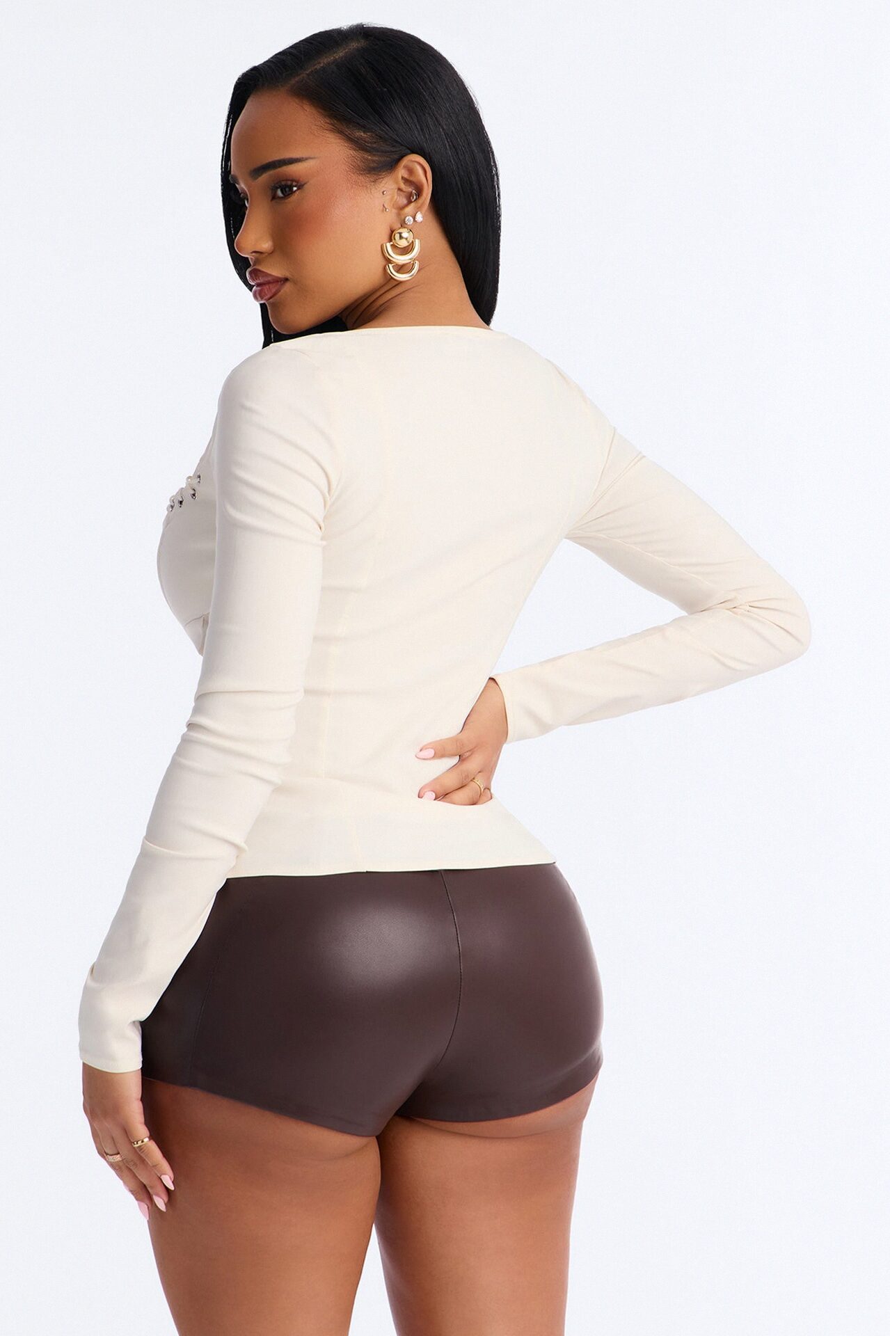 Janet Lace Up Corset Long Sleeve Top - Cream